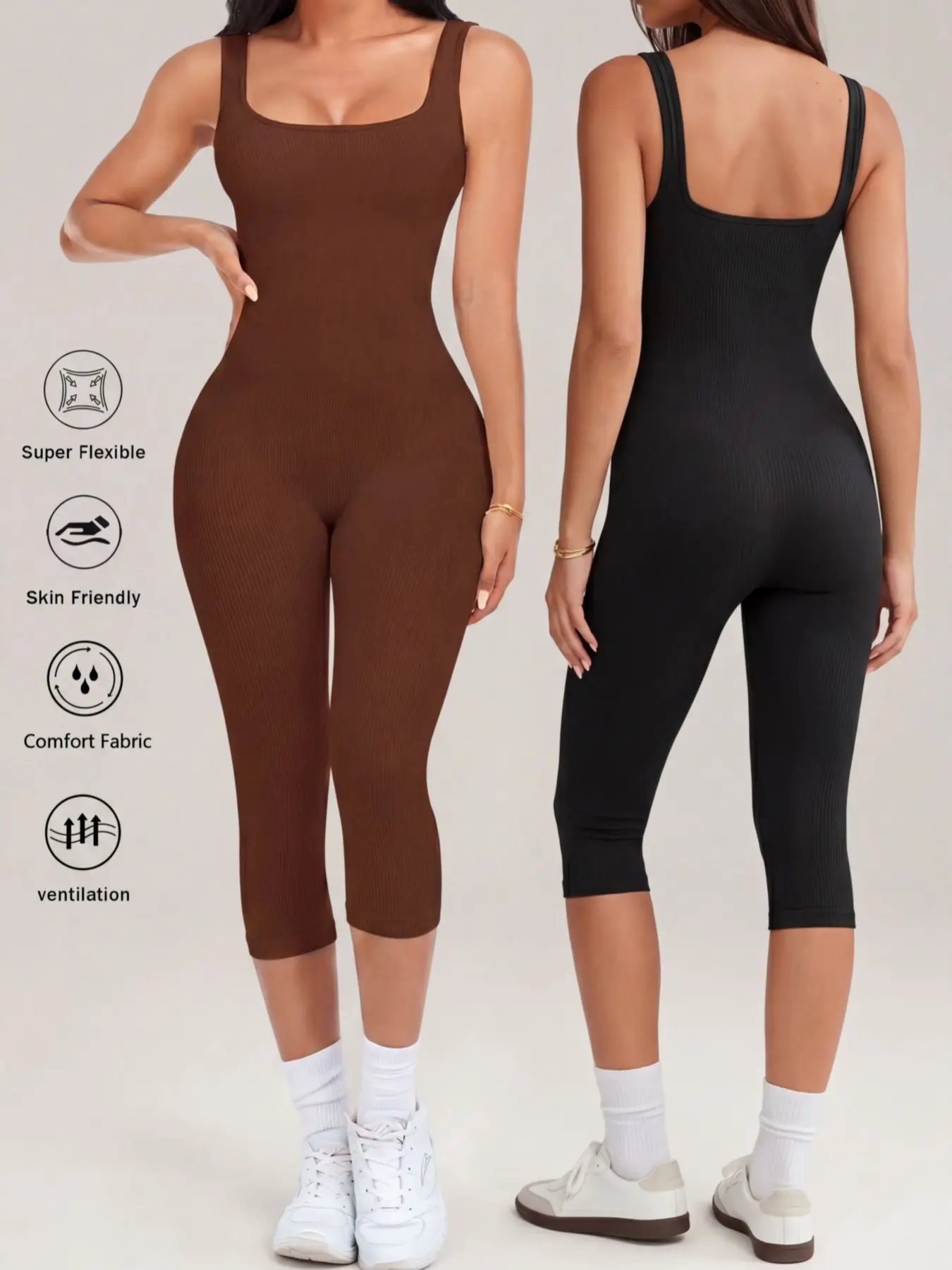 2PCS Women's Yoga Capri Jumpsuit Square Neck Backless Tummy Control Butt Lifting, Workout Shorts Romper Seamless Ribbed Sleeveless Unitard for Gym Sports