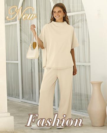 Imily Bela Women's Two Piece Outfits Crew Neck Pullover Tops 3/4 Batwing Sleeve Capelet Wide Leg Pants Casual Lounge Set