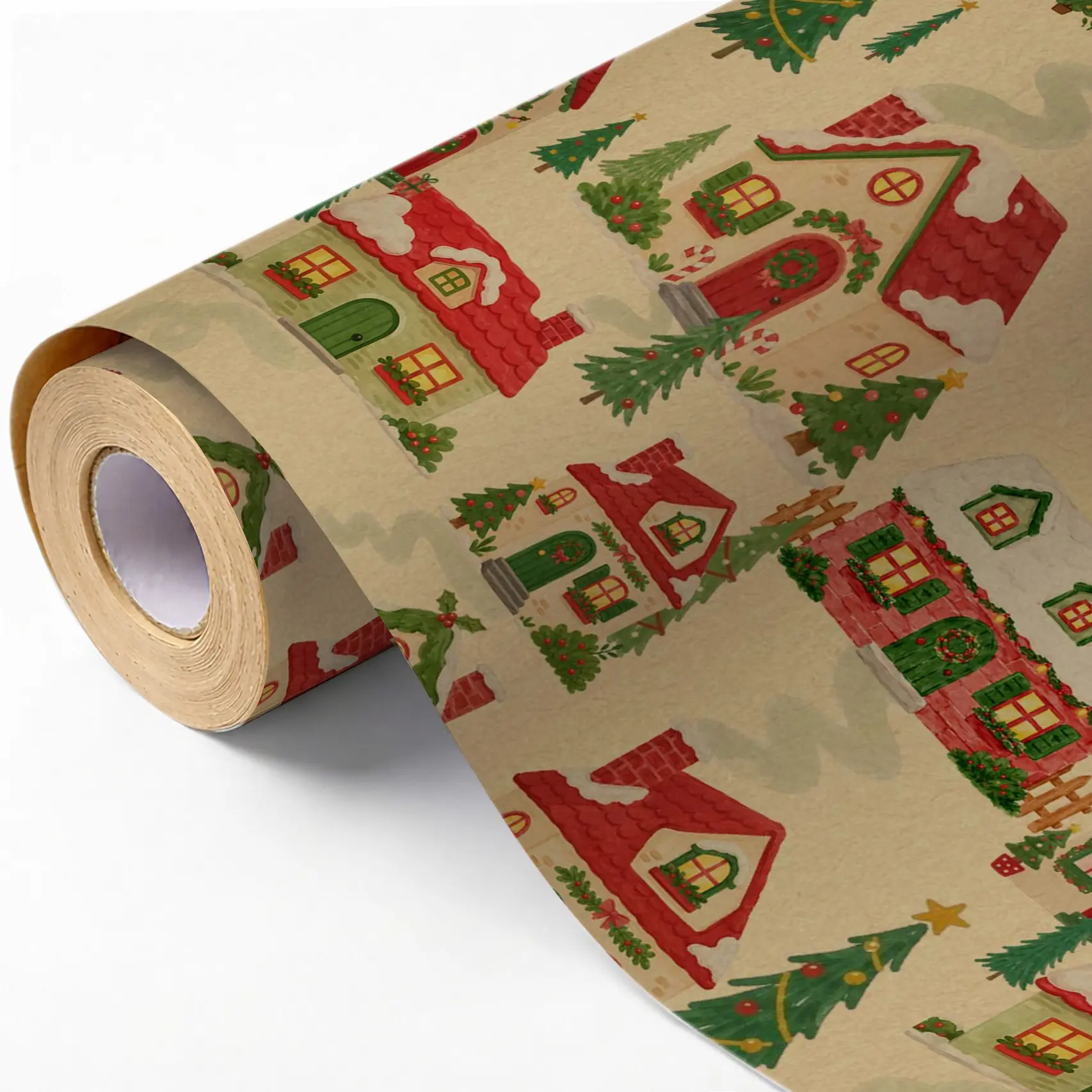 Christmas Snow Village Kraft Paper Roll, 5m Vintage Holiday Gift Wrapping Paper, Bouquet Box DIY Craft Decoration Paper, Flower Wrapping
