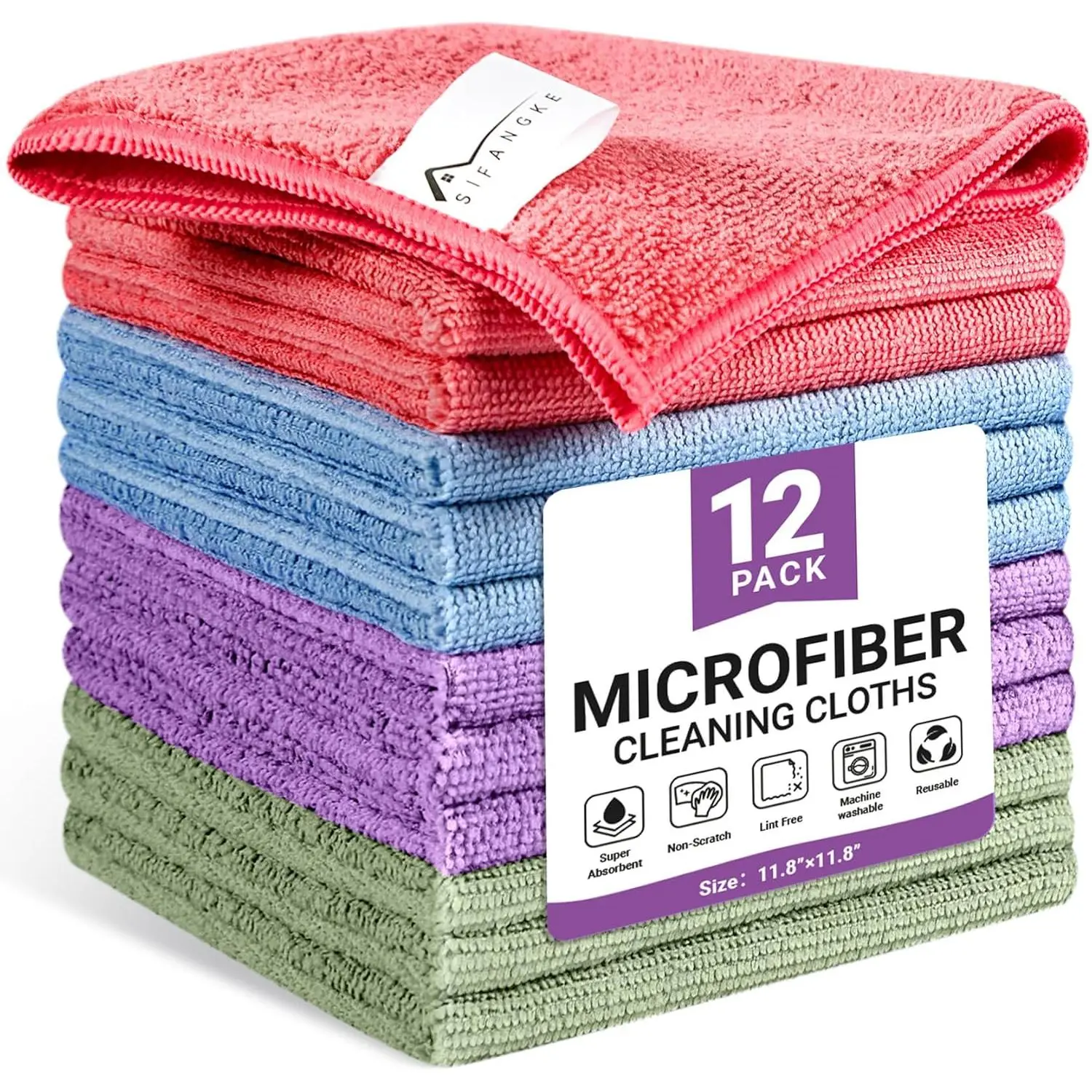 Microfiber Cleaning Cloth 12 Pack, Assorted Color Reusable Cleaning Rags, Highly Absorbent Lint Free Towels for Car, Kitchen, Bathroom & Household Cleaning Supplies, 11.8" x 11.8" Multi Purpose Cloth Set