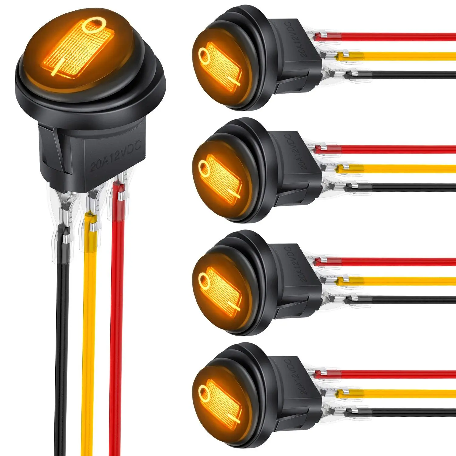 Nilight 5Pcs Round Rocker Toggle Switch - IP65 Waterproof, 3 Pins with Yellow LED, 12VDC 20A SPST On/Off Control, Metal & Plastic Build, Locked Terminal Wires, Outdoor Safe, for Car, Marine Automotive
