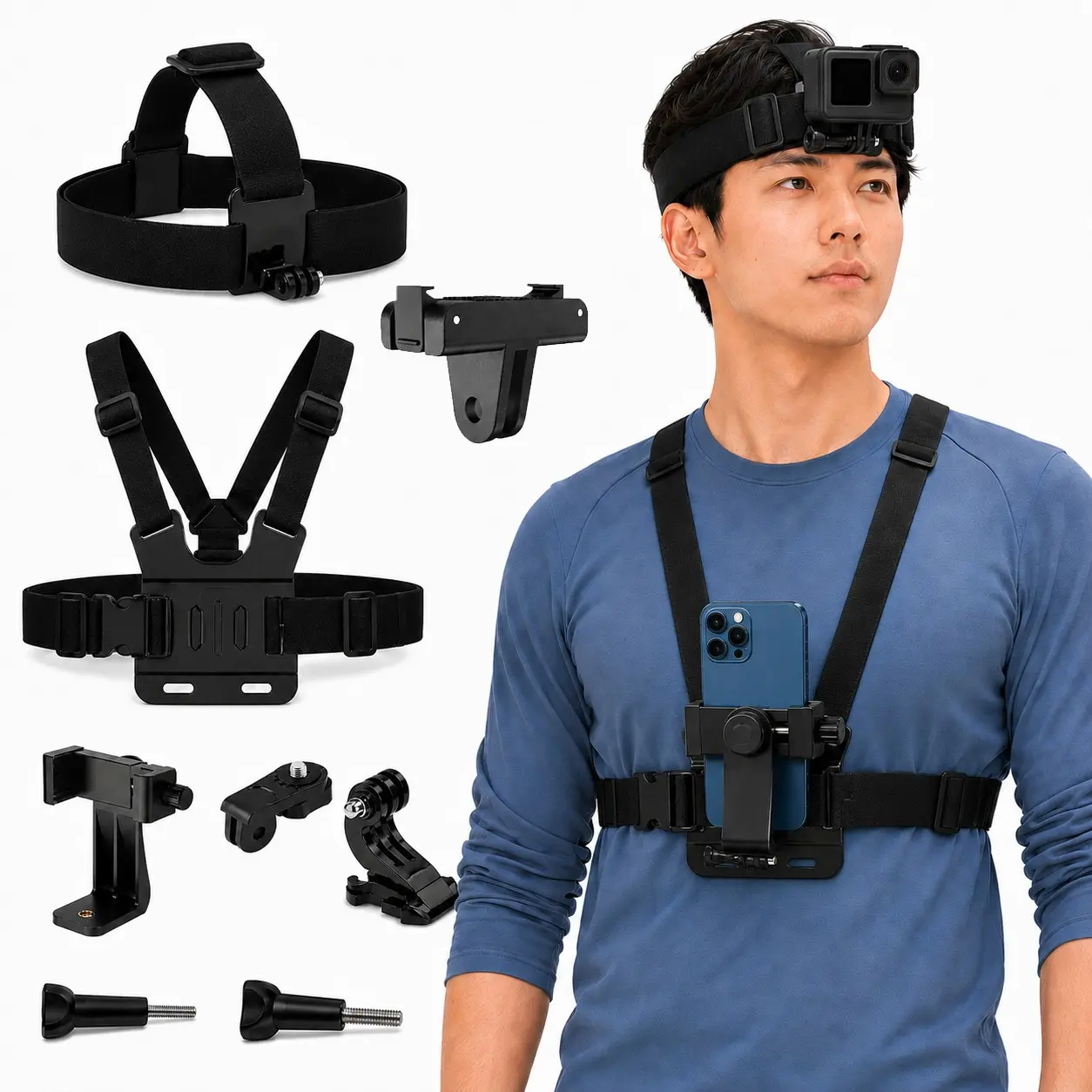 3-In-1 Versatile Headband + Chest Strap Mount, Magnetic Quick Detach, Magnetic Attachment for Phone and Action Camera, Full View Harness for Vlogging, Cycling, Fishing, Outdoor Activities