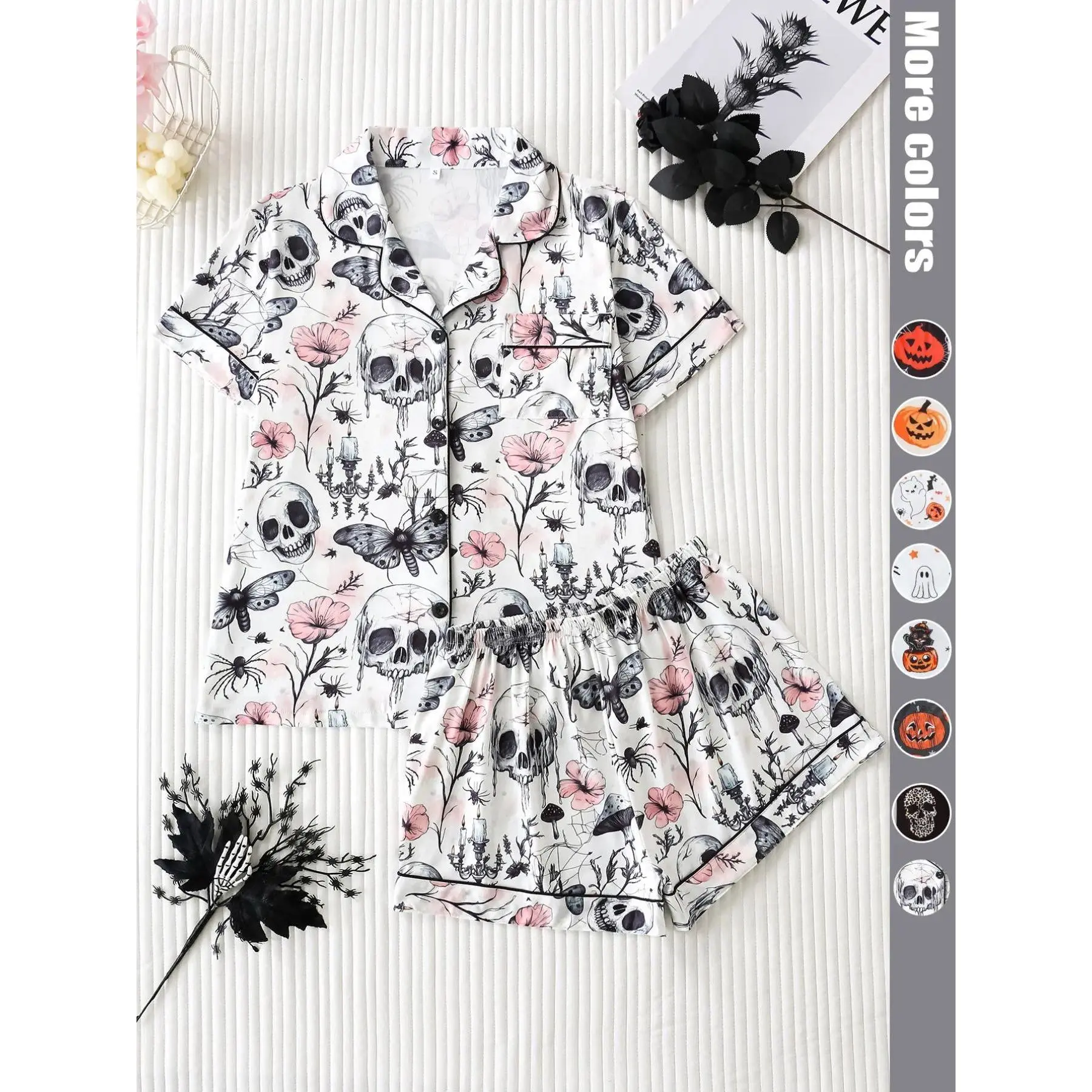 Women's Skull Floral All-Over Print Pajama Set, Fitted Sporty Style, Short Sleeve Button-Up Top & Loose Comfortable Shorts, Dark Theme Gothic Sleepwear, Soft Breathable Nightwear, Gothic Floral Matching Loungewear Gifts For Women