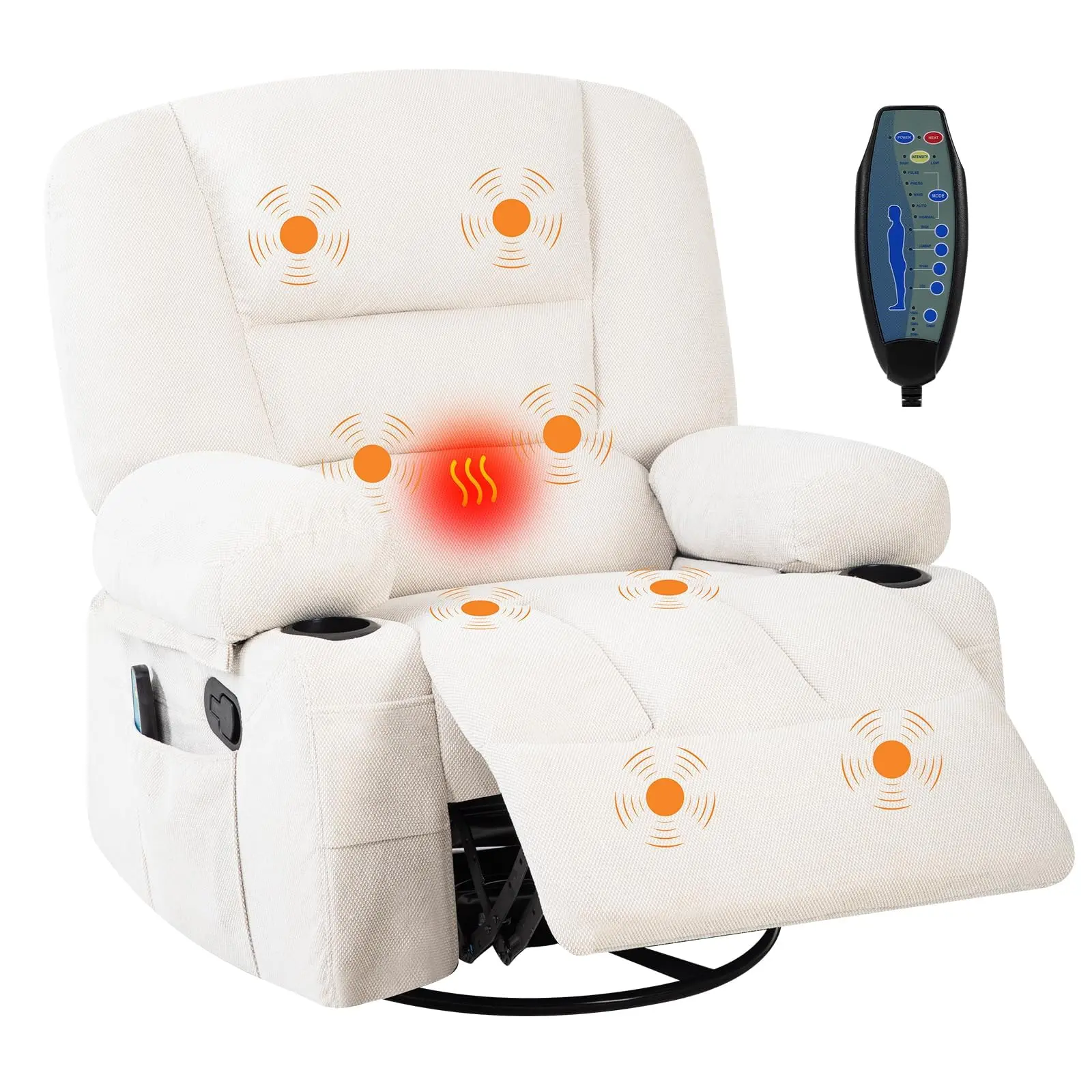 Garvee 360 Swivel Rocker Recliner Chair with Vibration Massage and Heat, Featuring Side Pockets and Cup Holders for Living Room, Nursery, Bedroom, or RV in Milk Coffee Color