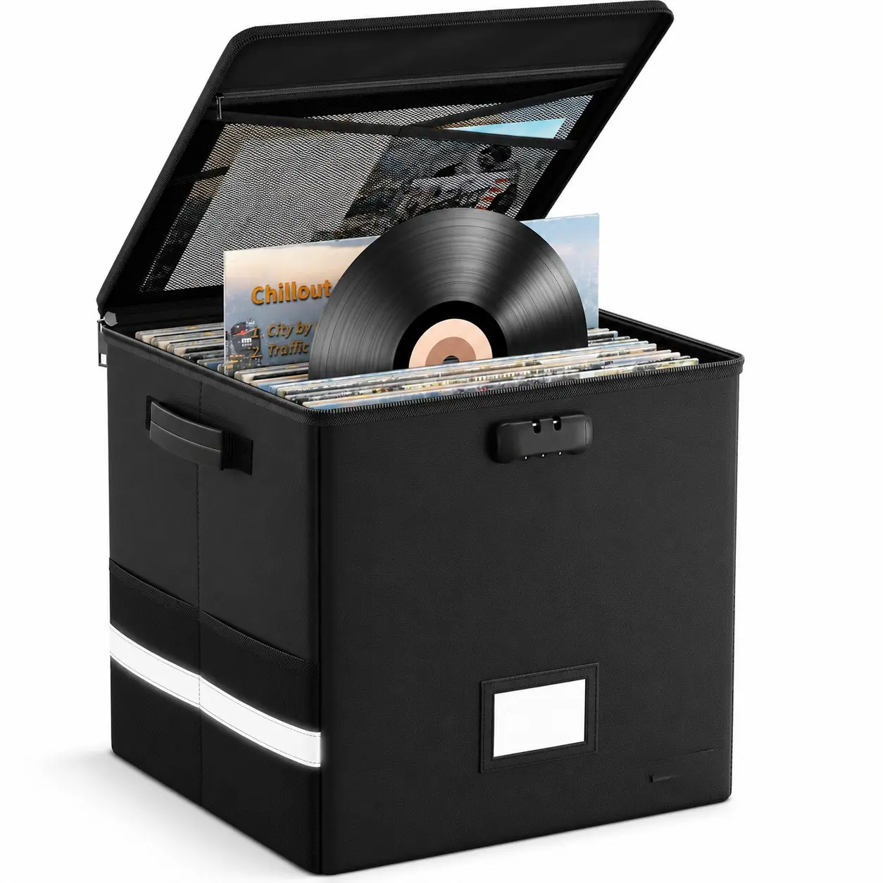 Fireproof & Waterproof Vinyl Record Storage Box with Lock – Holds 100+ 12-Inch Single Records, Collapsible Crate with Lid & Handles, Portable Organizer for Valuable Album Collection