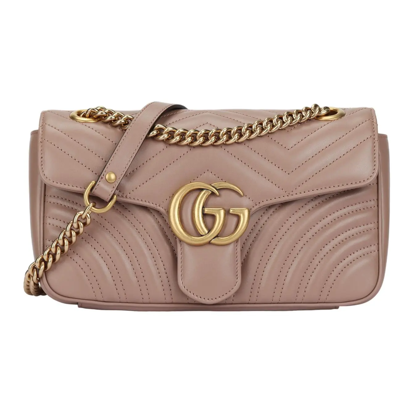Gucci Marmont GG Embossed Quilted Leather Chain Crossbody Bag for Women, Distressed Gold Logo, Nude Pink