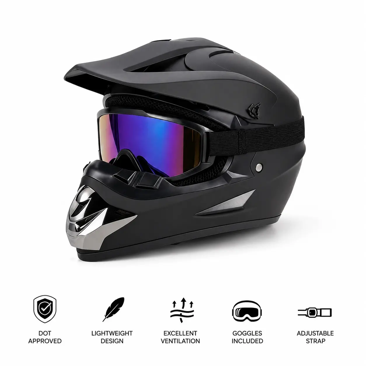 Motocross Helmet 4-Piece Set for Men, Matte Black Lightweight & Breathable Offroad Gear with Goggles, Gloves, Mask, Complete Cycling Accessories, Size 61 - 62 cm