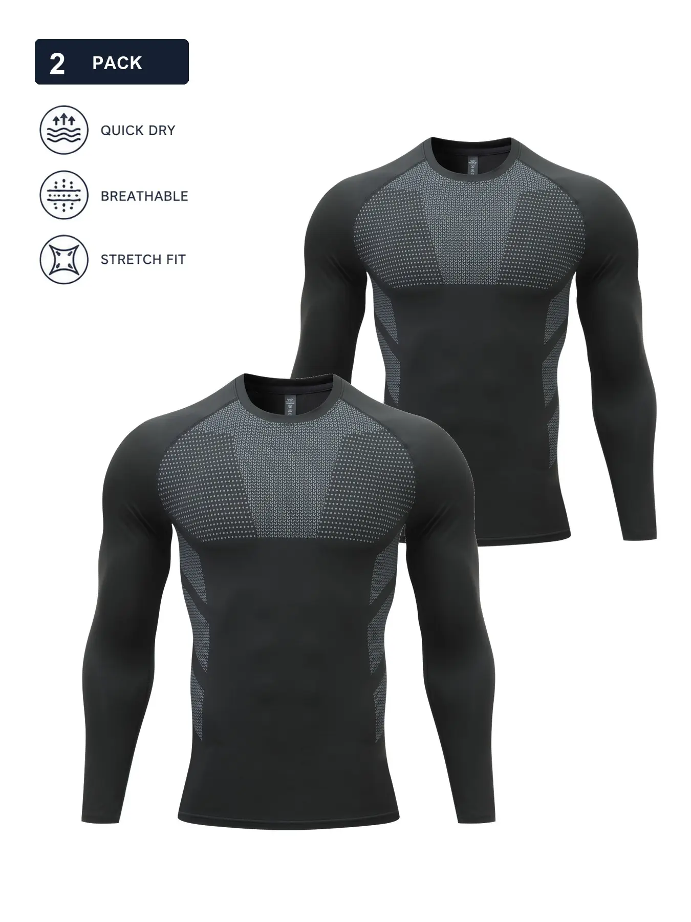 2-Pack Men's Long Sleeve Compression Sports Top Shirts, Black Quick-Dry Breathable Stretch Athletic Base Layer Tops with Gradient Dot Graphic for Gym, Running, Football and Workout Training