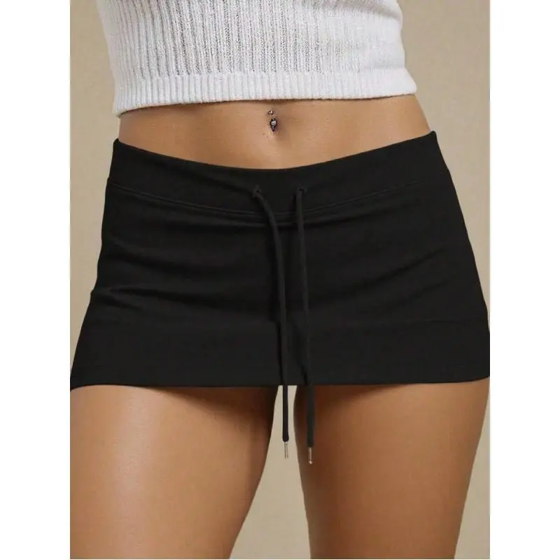 Women 2 Pack Low Rise Drawstring Micro Mini Skort, Stretchy Soft Jersey Bodycon Short Skirt, Y2K Summer Casual Lounge Skirt 2 Piece Set