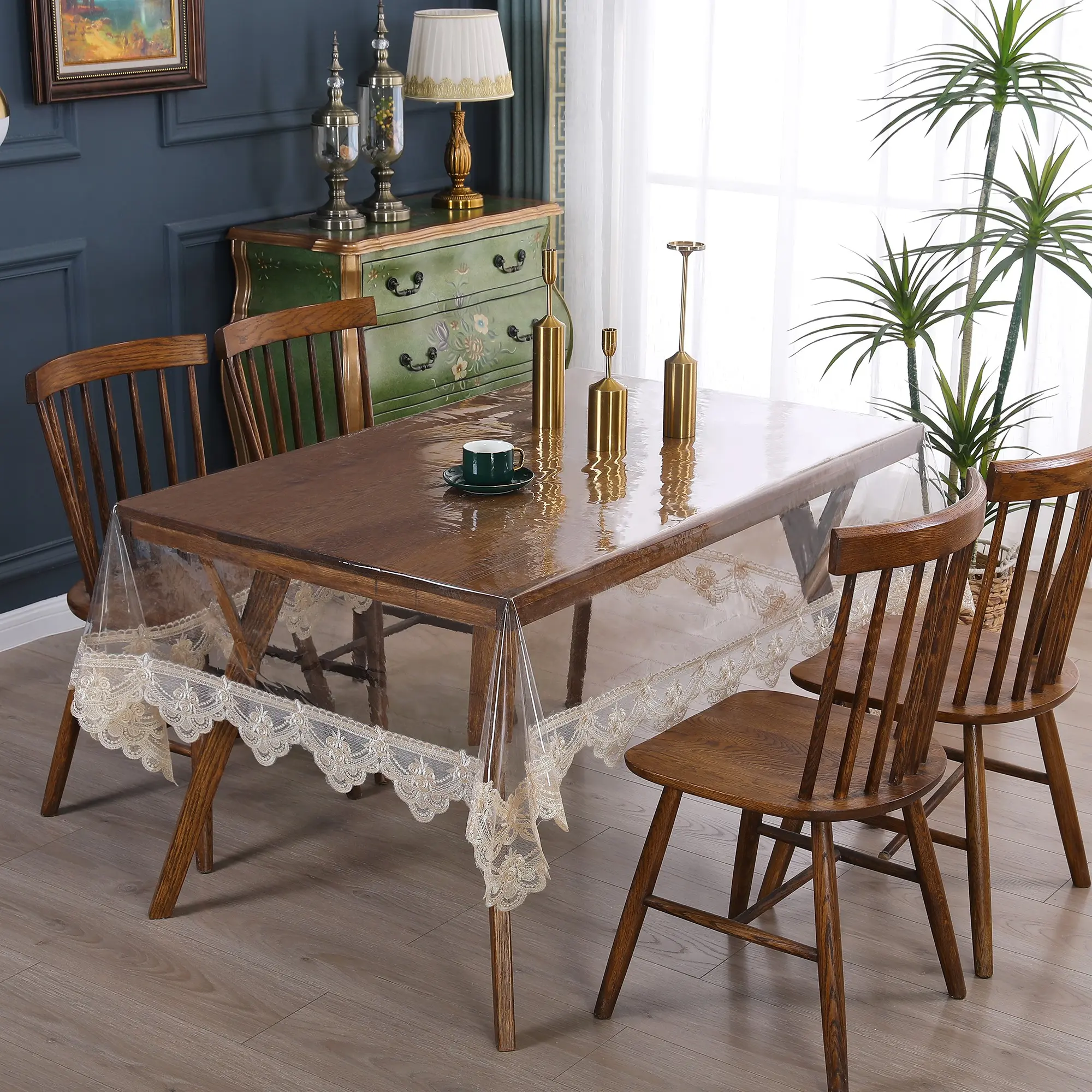 Waterproof Oil-Proof PVC Tablecloth with Lace Trim, Non-Slip Dustproof Dining Mat, Elegant Kitchen Party Decor, Easy Clean Surface
