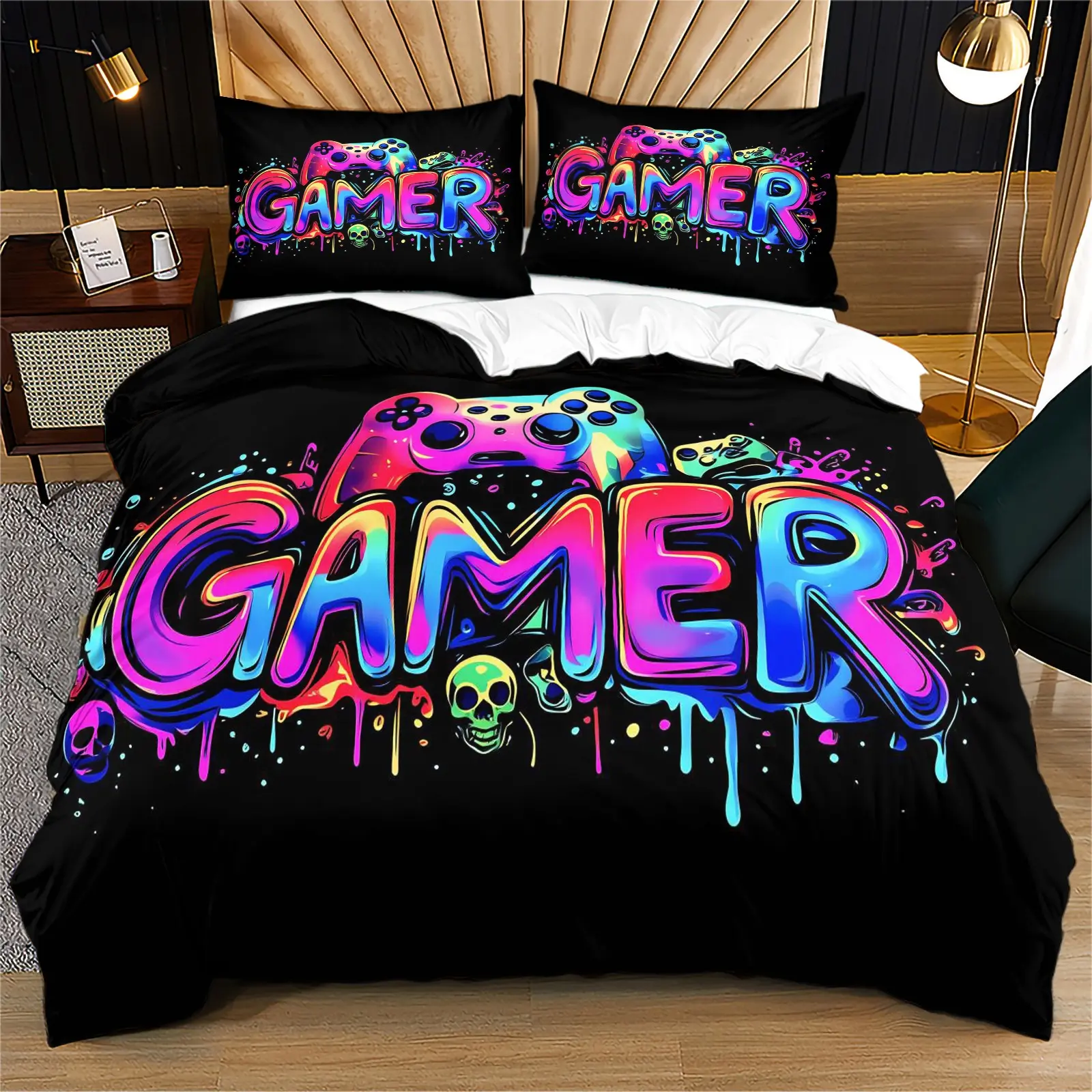 Street Art Drip Paint Duvet Cover Set, Wrinkle Resistant Soft Microfiber, 1 Duvet Cover & 1/2 Pillowcases, Boys Girls Game Room Bedroom Decor