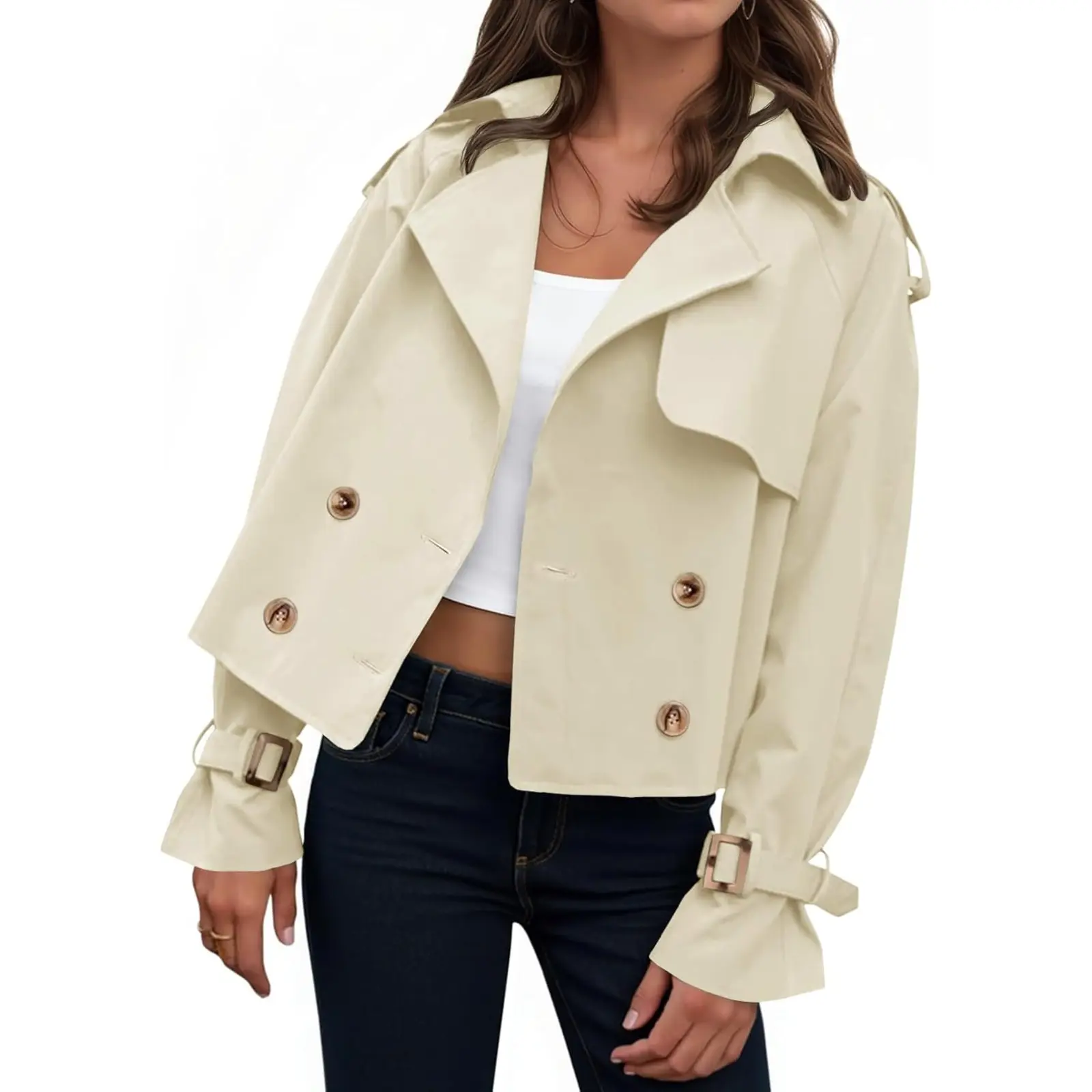 TANKANEO Lady's Basic Baggy Tops - Women's Casual Cropped Wrinkle-Resistant Double-Breasted Collared Button-Down Long-Sleeve Solid Trench Coat Jacket