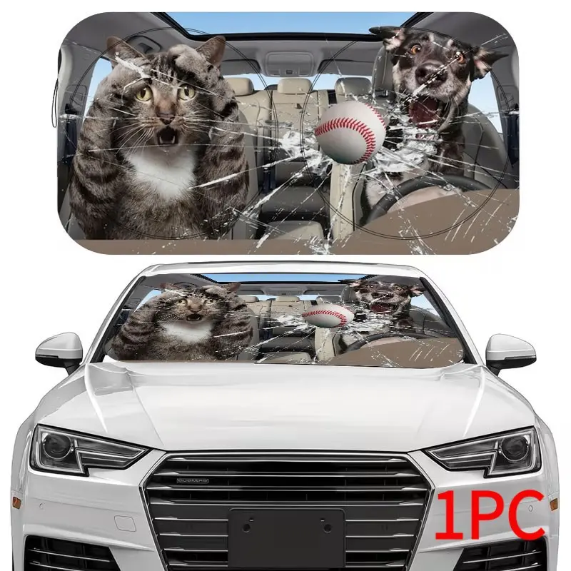 Funny Broken Glass Cat Dog Baseball Car Windshield Sunshade, UV Protection, Foldable, Cool Vehicle, Fun Car Accessory, Fits Sedan, Suv, Off-Road, Sun Shade For Car Windshield