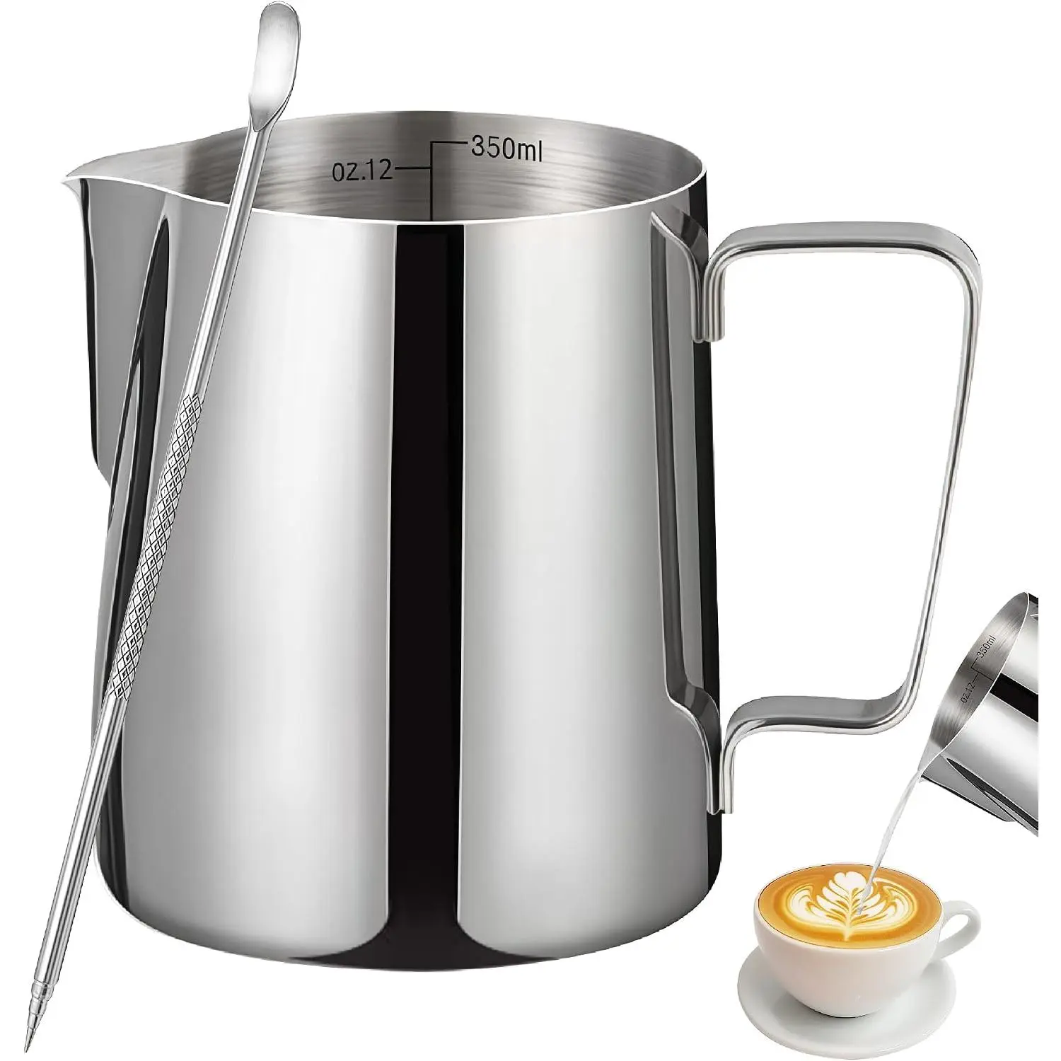 12oz Milk Frother Cup, Milk Frothing Pitcher with Decorating Pen, Latte Art Pour Steamer Cup&Espresso Steaming Jug with Handle for Cappuccino Coffee Machine Accessories, Stainless steel