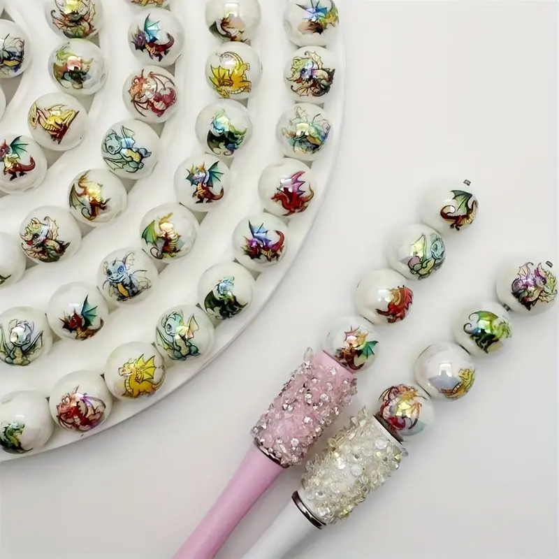 21pcs 16Mm Acrylic Printing Dragon Training Pattern Straight Hole Round Beads, Plating Process, Very Suitable for Jewelry Making Bracelets, Necklaces, Keychains And Other Jewelry Additions