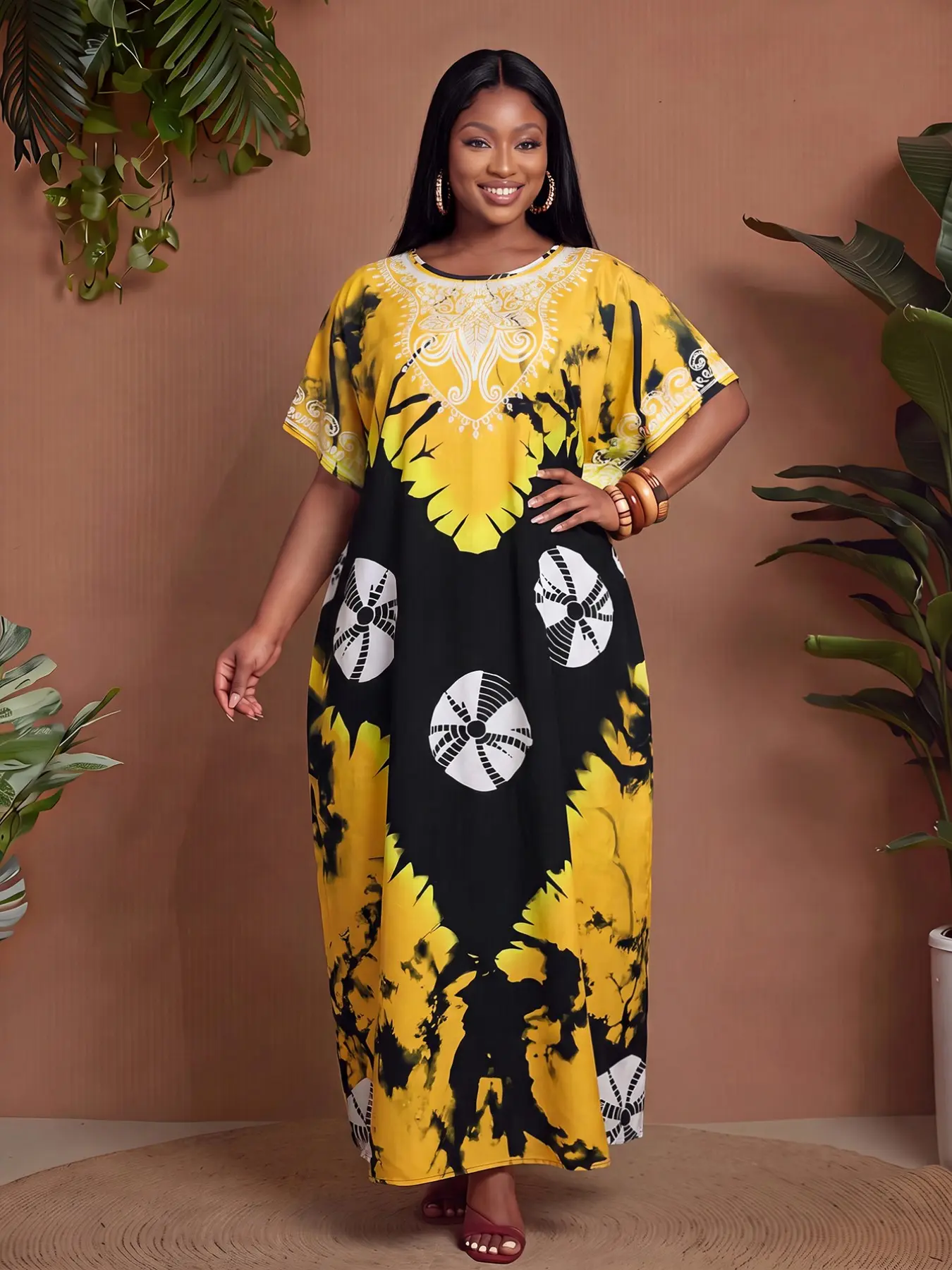 African Totem Print Long Dress, Boho Style Loose Fit Short Sleeve Maxi Dress, Plus Size Home Beach Vacation Dress, Vintage Exotic Wind