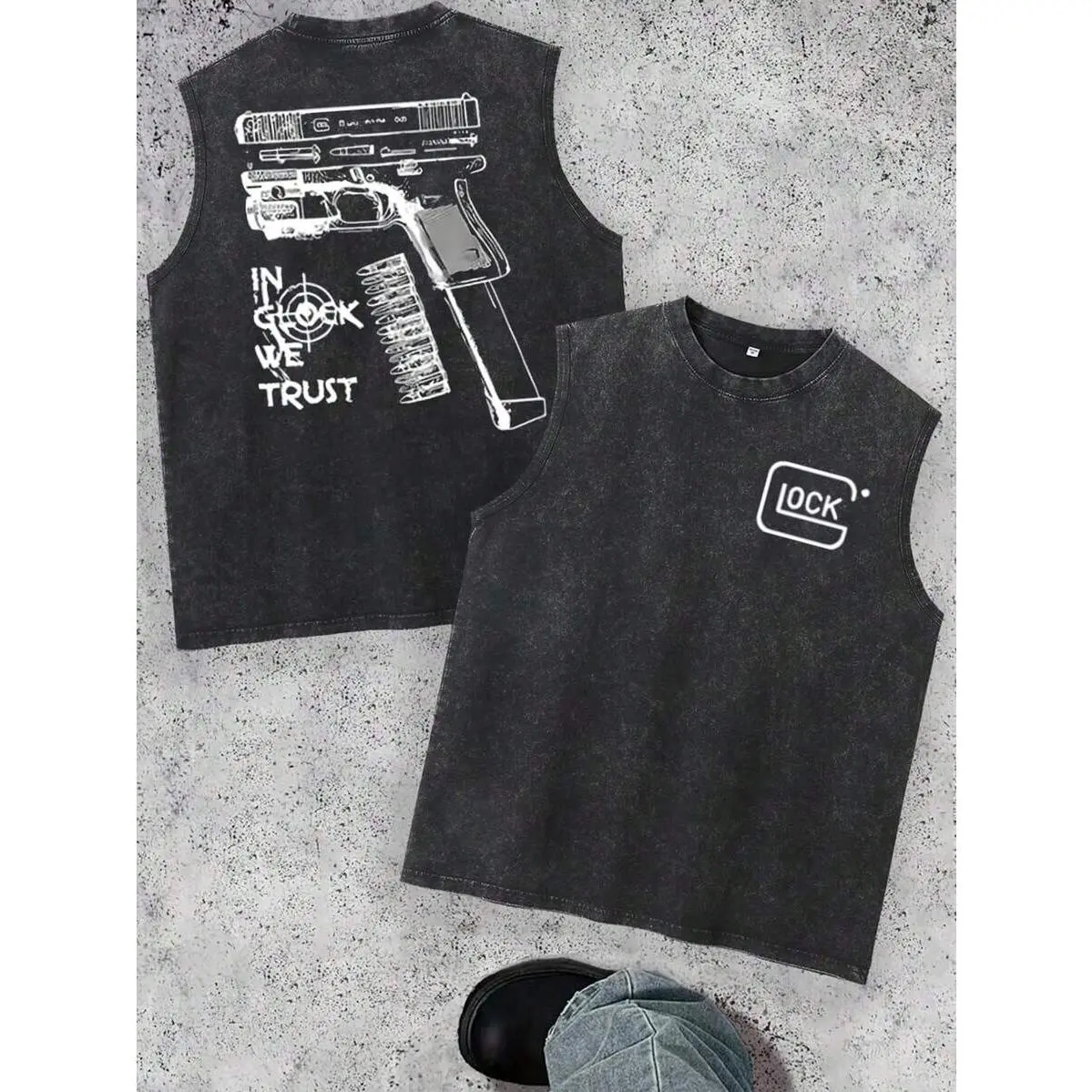Retro Washed Black Sleeveless Tank Top, Vintage Industrial Line Art & Minimalist Text Graphic Print, Casual Crew Neck Streetwear for Men & Women, Ideal Daily Outdoor Gym Wear & Summer Outfits