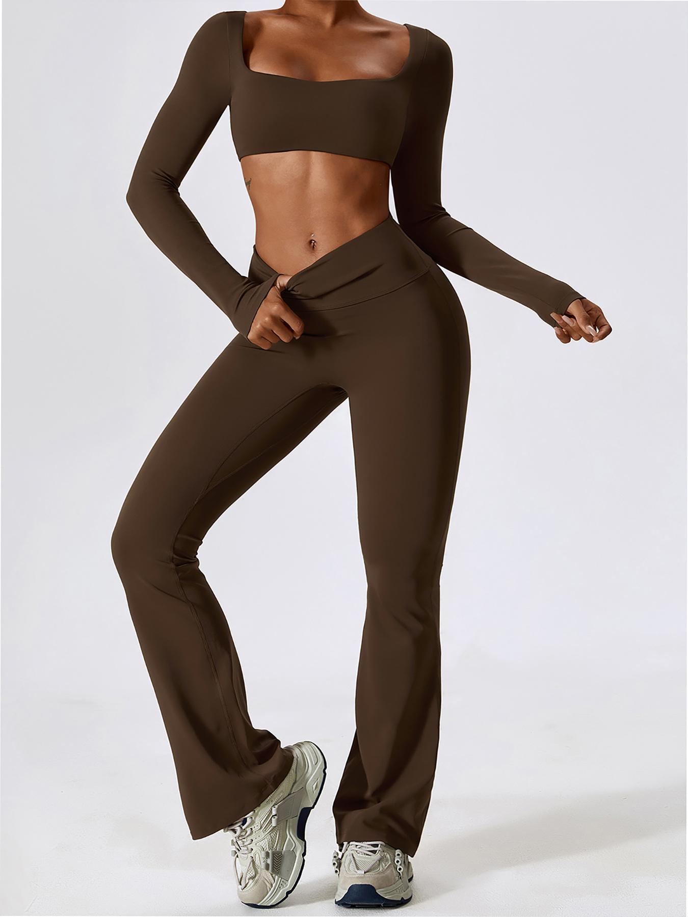 Women's Solid Square Neck Crop Top & High Waist Flare Leg Pants Set, Sporty Comfy Breathable Long Sleeve Top & Bell Bottom Trousers Two/Four-piece Outfits for Yoga Workout, Ladies' Clothes for All Seasons, Gym Wear, Sweatsuit Set