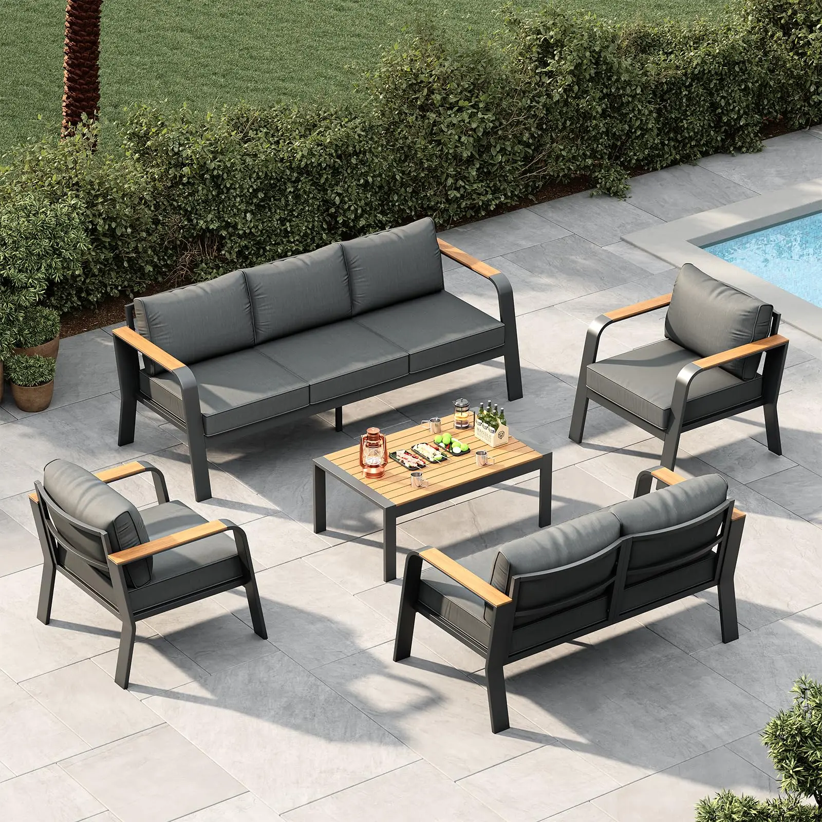 Aluminum Outdoor Patio Furniture Set with Coffee Table 7 Seats – All-Weather Metal Conversation Set with Washable Thick Cushions for Poolside, Balcony & Deck