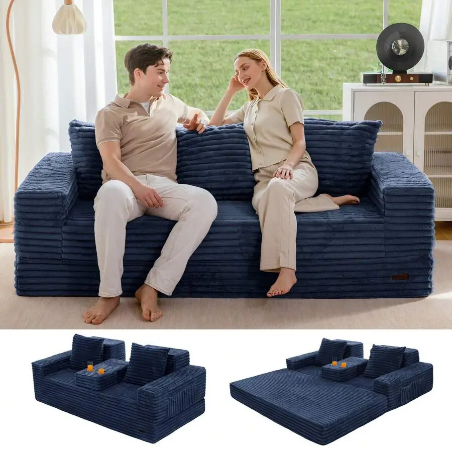 4-in-1 Convertible Chenille Boneless Indoor Sofa - Comfy Couch with Pre-Filled Foam, Armrest, Cup Holders, Squishy Expandable Fold-Out Sleeper Recliner Chair, No-Assembly Boxed Cloud Living Room Furniture, Small Rooms