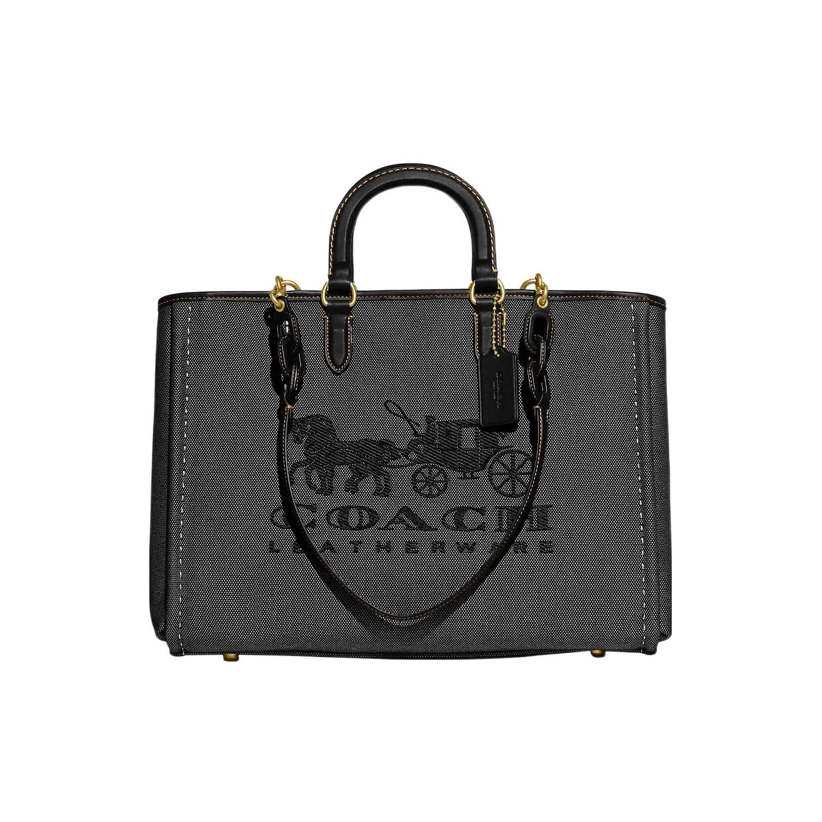 COACH Reese 38 Monogram-Embroidered Solid-Color Fabric Tote Bag for Women, Large Shoulder Handbag in Black