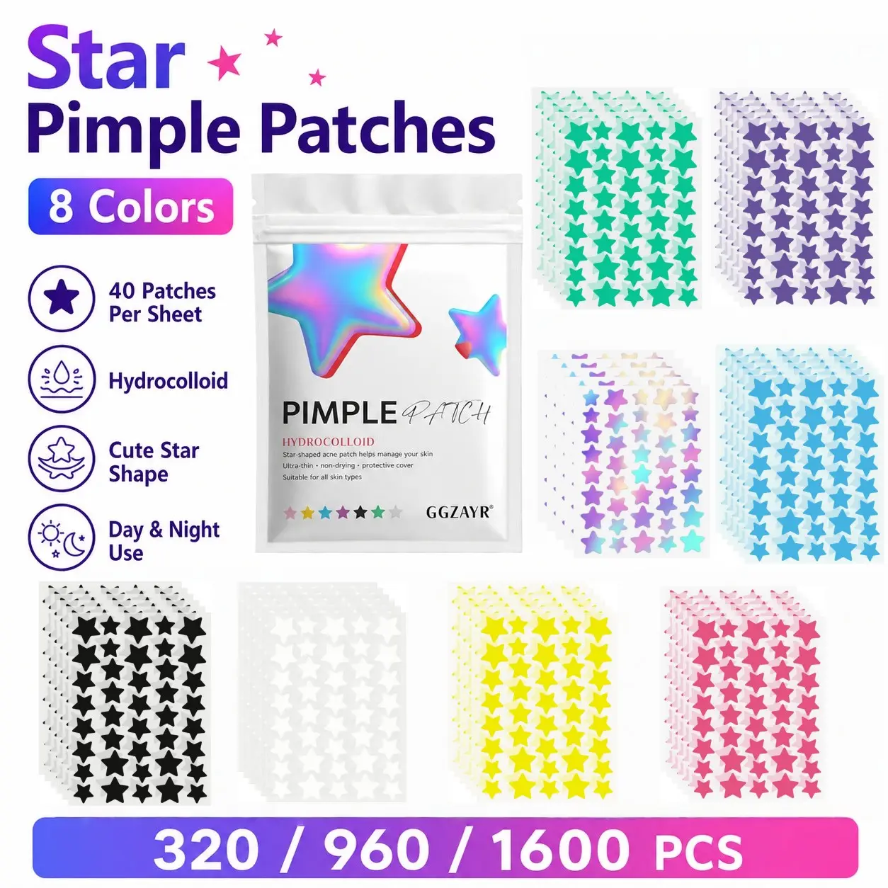320/960/1600pcs 8-Color Star Pimple Patch Set, Cute Hydrocolloid Face Stickers, 40 Stars Per Sheet, Fun Spot Cover Patches for Day & Night Use, Acne Stickers