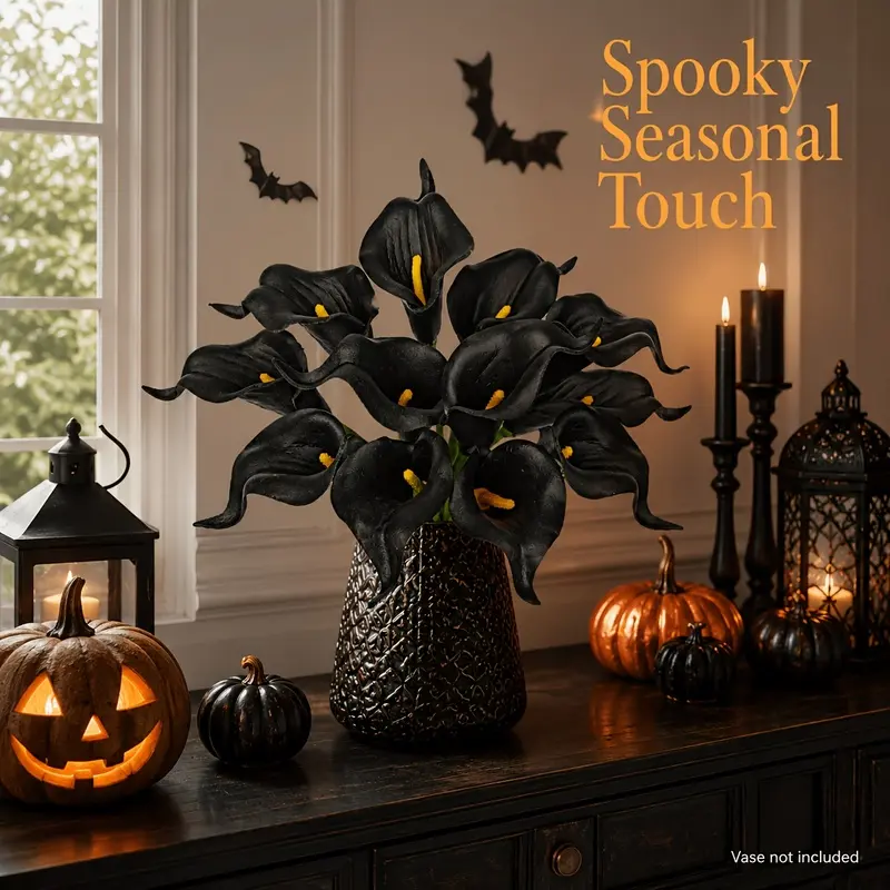 10 pcs Gothic Black Calla Lily Artificial Bouquet, Dark Style Fake Alocasia, Halloween Thanksgiving Decor, Bridal Hand Bouquet, Photography Prop, Indoor Home Table Window Display