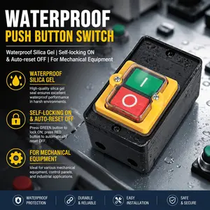 Waterproof Dustproof Emergency Stop Button Switch 10A 250V 380V High Current Control for Cutting Machine Bench Drill Plastic Motor Lathe Punch Press Power Tools Durable Anti-Corrosion Electrical Switch Kit