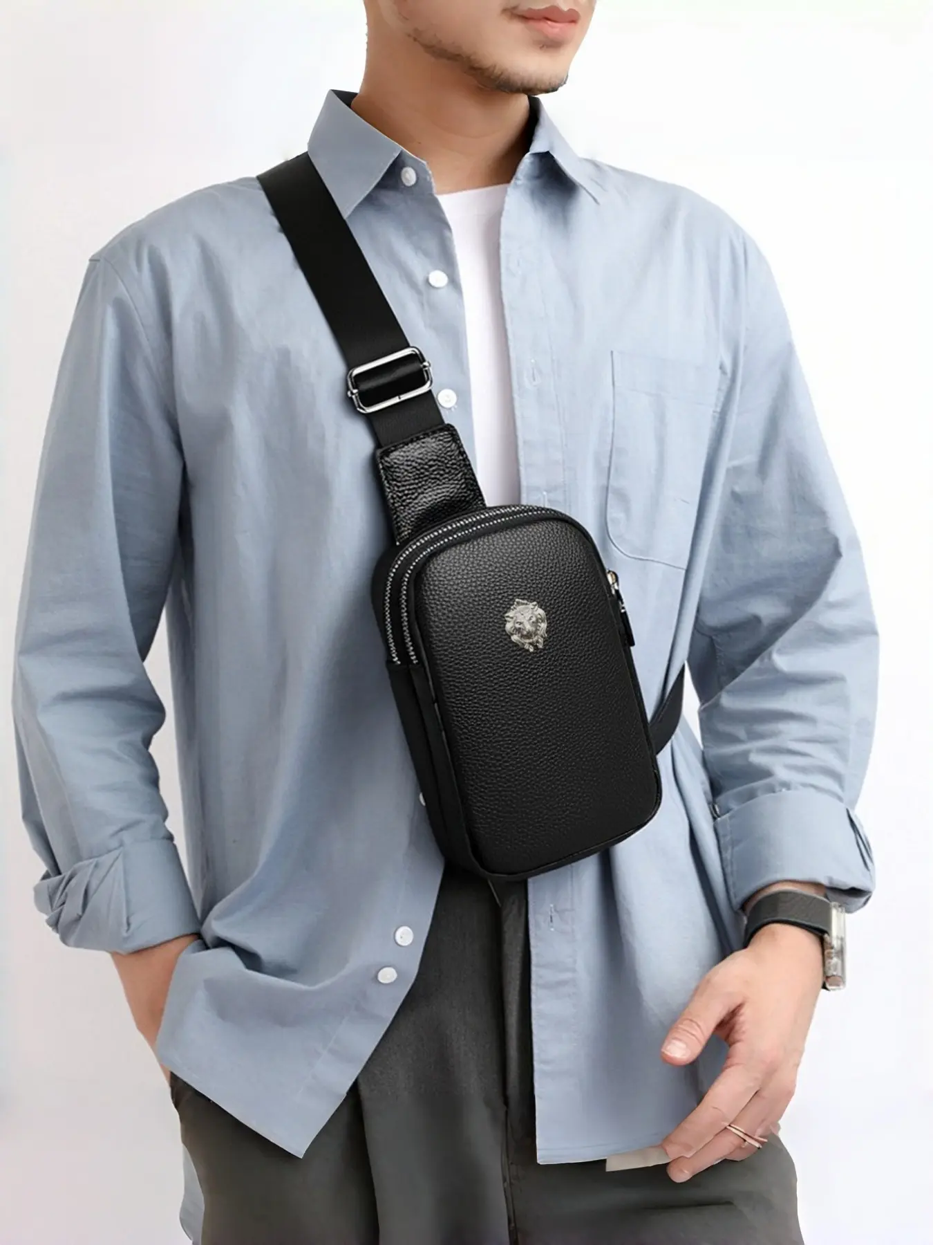 Men's Top Grain Nappa Leather Sling Chest Bag, Versatile Bag, Double Zipper Small Crossbody Shoulder Bag with Adjustable Strap, Lion Emblem Lightweight Travel Phone Purse Fit Passport Wallet Earphone, Casual Business Daily Sling Backpack Gift For Dad