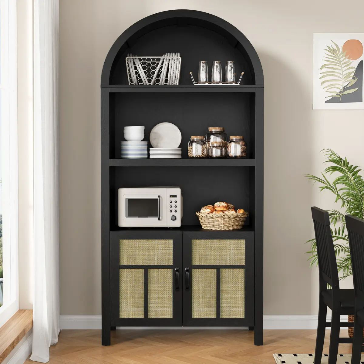 [Bellemave]70'' Arched Storage Cabinet with Doors, Boho Rattan Sideboard Buffet Cabinet with Adjustable Shelves, Tall Pantry Storage Table for Kitchen, Hallway, Dining Room, Living Room, Office, Black On-Site
