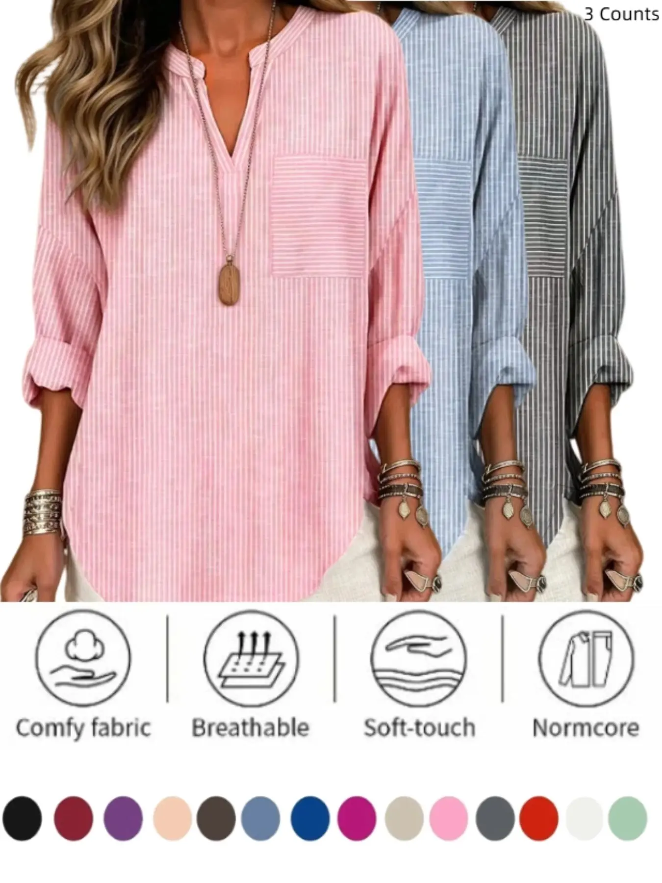 Women's 1/3 piece Vertical Stripe V Neck Blouse, 3/4 Sleeve Roll-Up Design, Chest Pocket, Loose Fit, Curved Hem, Casual Daily Wear