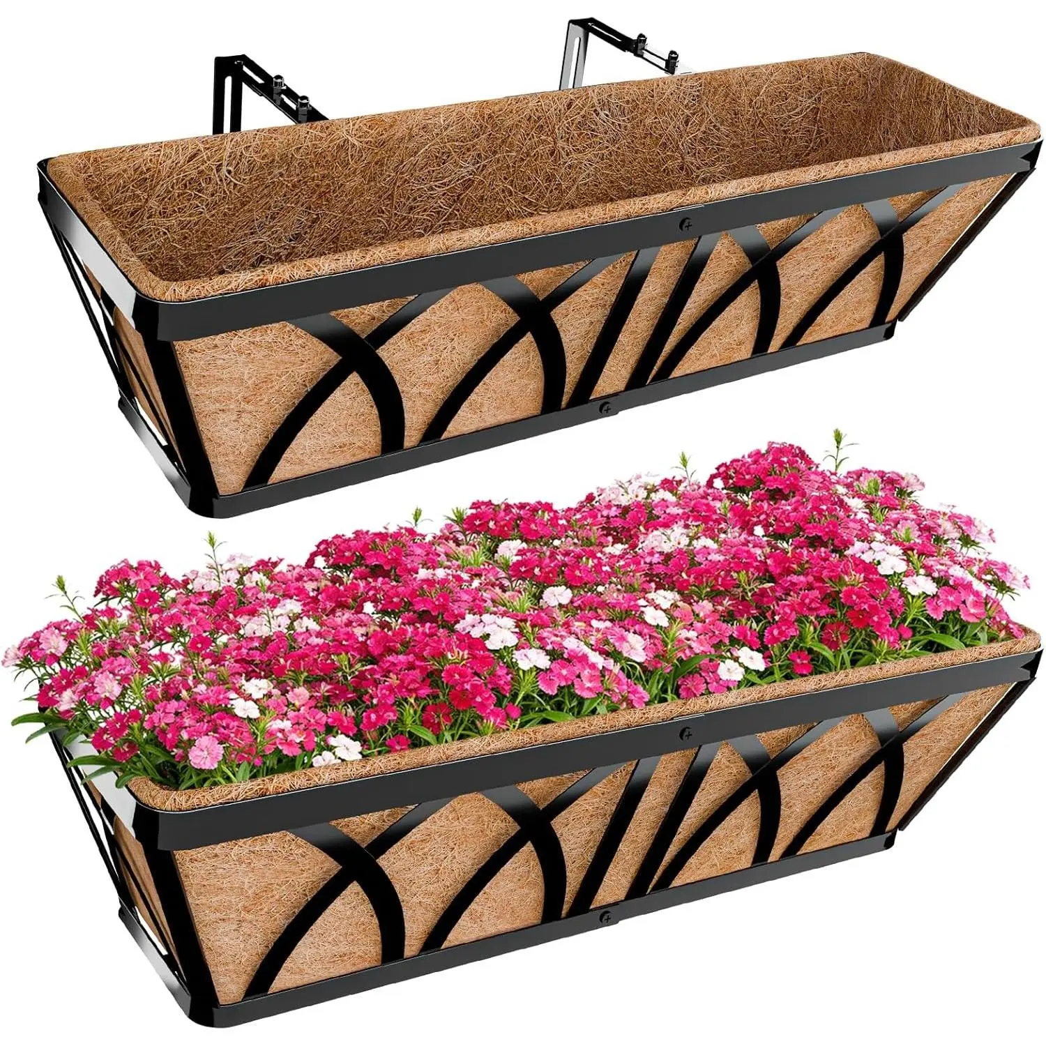 24 Inch Railing Planter Box, 2 Pack Heavy Duty Window Box Planters | Metal Balcony Planters with Natural Coco Liner & Adjustable Brackets for Hanging on Railings, Deck, Porch, or Patio Gardening