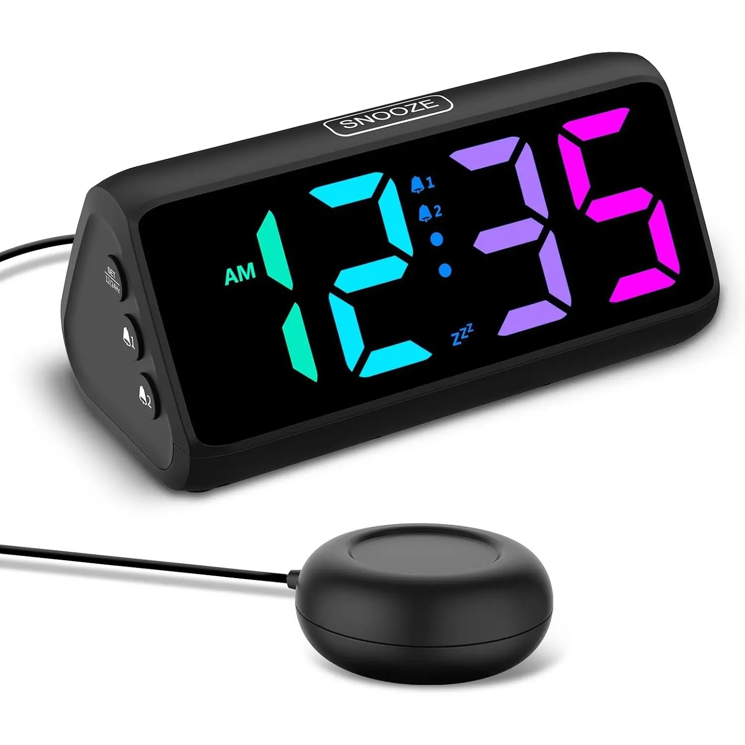 Loud Alarm Clock for Heavy Sleepers Black, Plug-in Vibrating Alarm Clock with Bed Shaker, RGB Display, 5 Dimmers, 2 Alarms & Snooze for Hearing Impaired Deaf Adults
