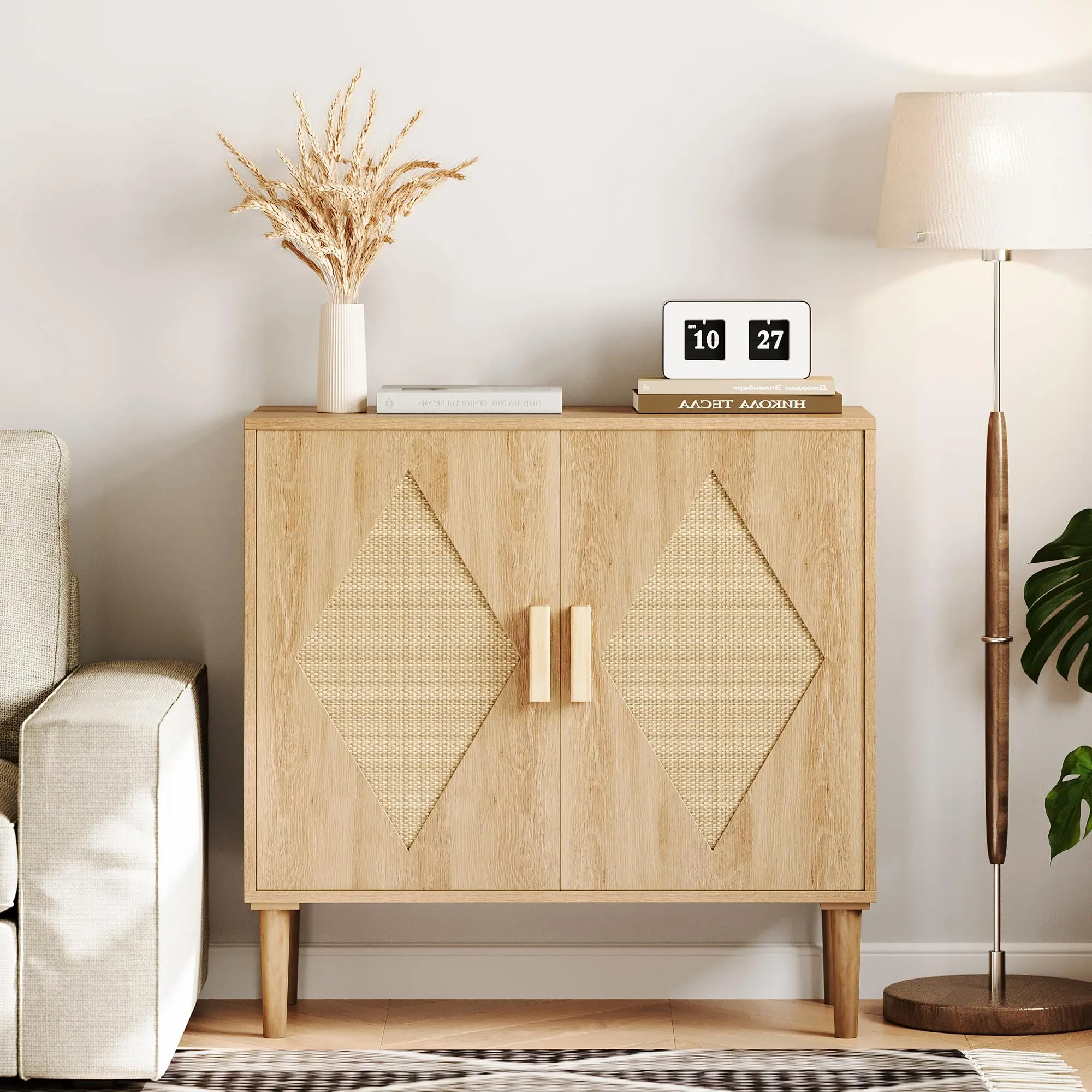 GARVEESideboard Buffet Kitchen Storage Cabinet with Rattan Doors, Modern Rattan Storage Cabinet Free Standing Accent Cabinet for Living Room, Hallway, Dining Room, Entryway