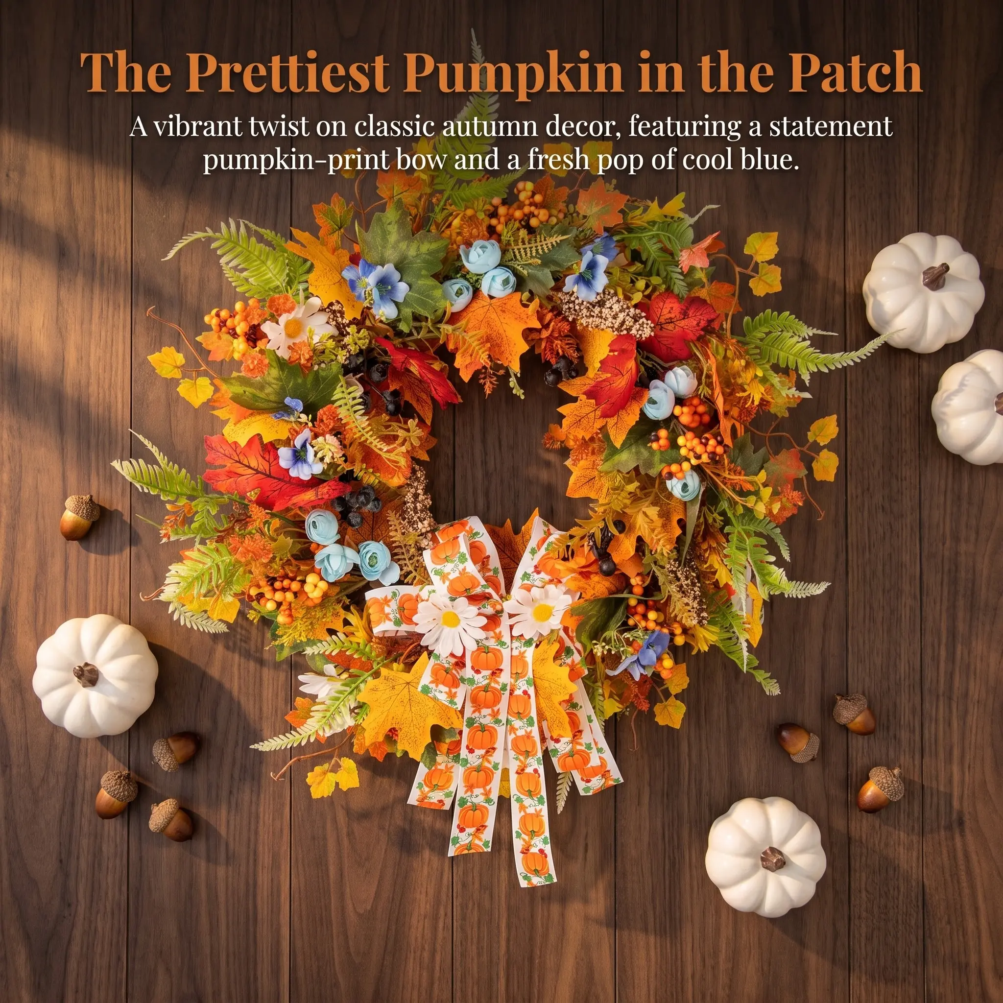 Autumn Maple Leaf Design Pumpkin Wreath, American Country Style, Berry Daisy Print Ribbon, Front Door Thanksgiving Fall Decorations