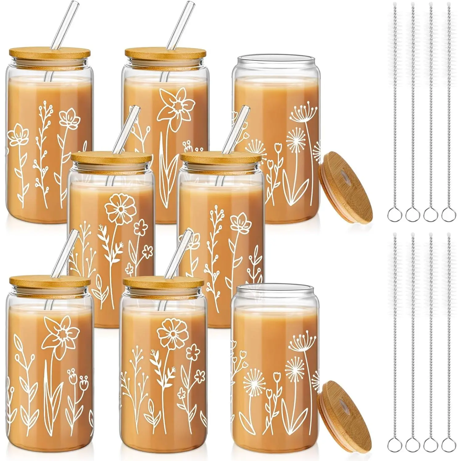 8 Pack Bridesmaid Gift Glass Cups, Cute Flower Mason Jars with Bamboo Lids & Straws, 16oz Iced Coffee Tumblers for Wedding, Bridal Party, Birthday, Mother's Day(Boho Floral)
