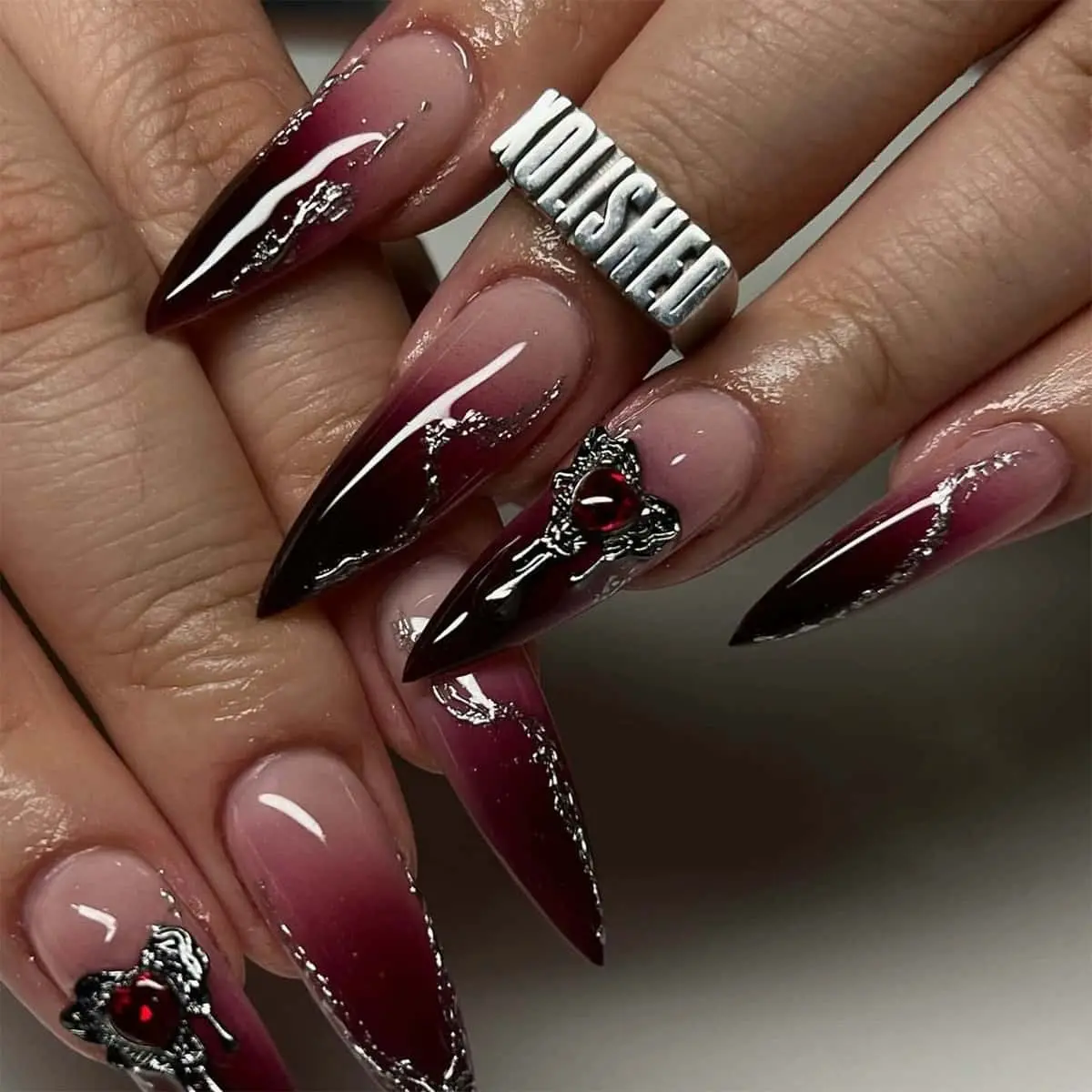 24pcs Stiletto Press on Nails, Decorative Nails, Glossy Dark Gradient, Silver Color Line, 3D Heart Rhinestones, Gothic Punk, Reusable, Halloween, Nightclub