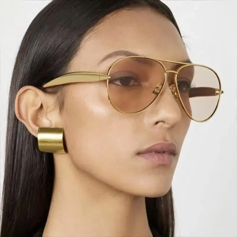 2026 1/2 PCS Large Frame Double Beam Metal Fashion Glasses Toad Glasses Advanced Retro Personality Versatile Daily Wear Street Photography Vacation Travel Beach Accessories Gold Color Sleek Rectangular Sunglasses Acetate Sunglasses