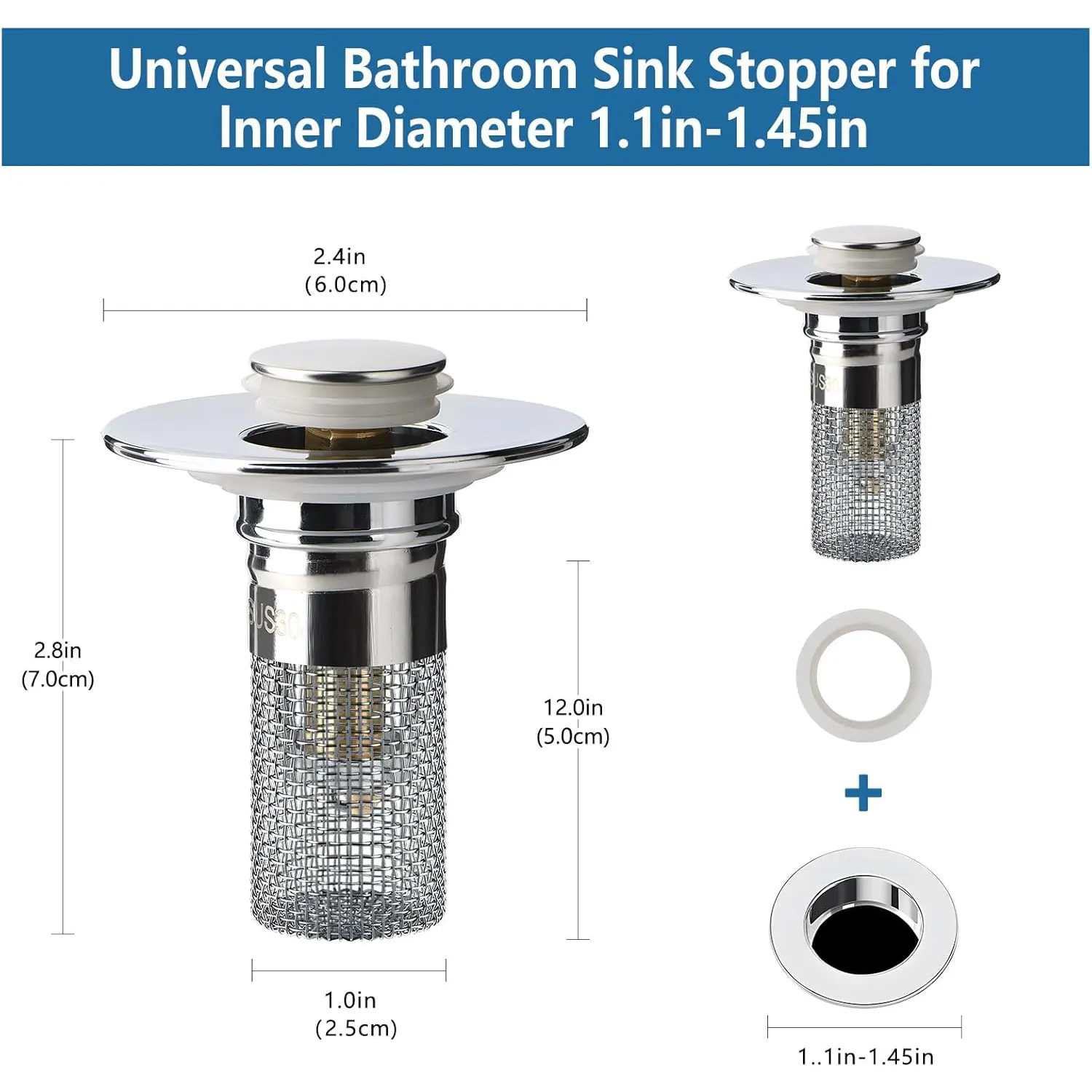 Modern Stainless Steel Pop-Up Bathroom Vanity Sink Drain Stopper - Smooth Anti-Clog Plug with Removable Hair Catcher Filter for Easy Cleaning