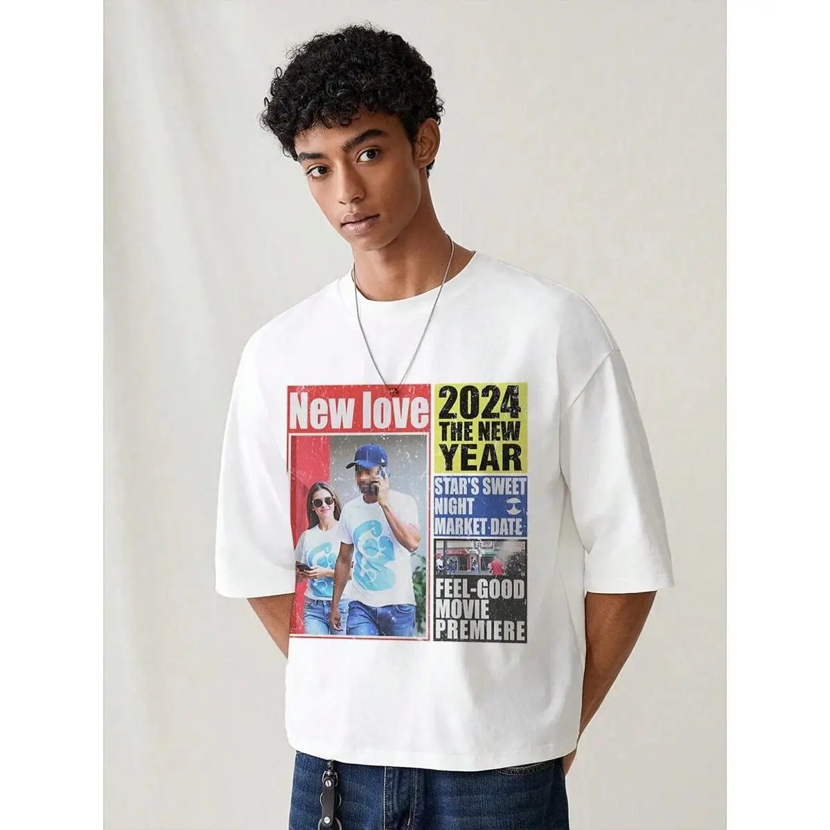 SWAVVY Men’s Boxy Newspaper Graphic White Crew Neck T-Shirt Standard Size Soft Casual Summer Everyday Streetwear Tee # lucky game day gear # brunson cotton tee # husky game apparel # Broadway themed apparel # royals fan apparel