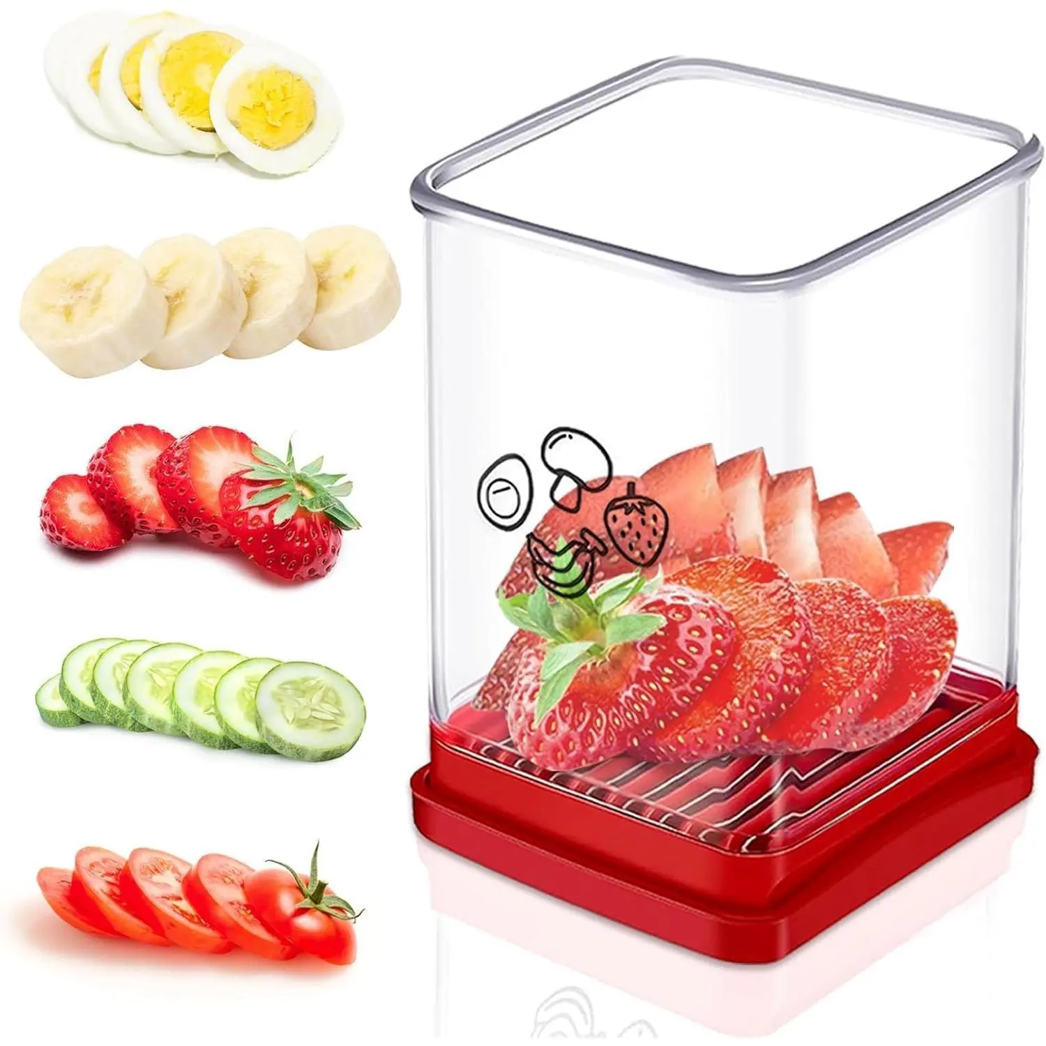 2026 Fruit SlicerCup Slicer Fruit Strawberry Cutter: Banana Egg Speed Slicer With Push Plate - Stainless Steel Clear Cup, Quickly Making Fruits Vegetable Salad, Kitchen Portable Slicing Tool Cutting Gadget, Red Utensils