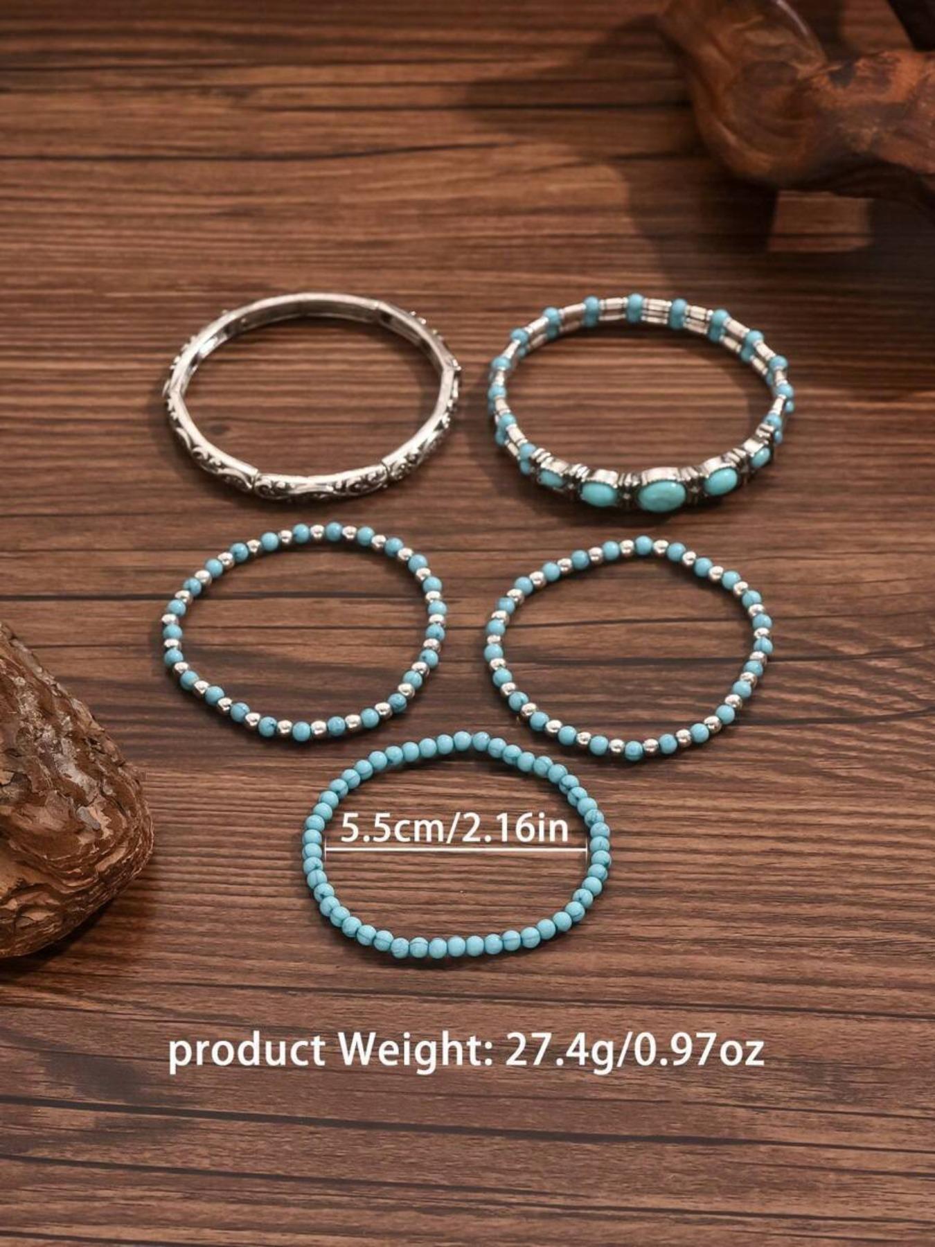 Western Cowboy Style Vintage Faux Turquoise Beaded Stackable Bracelet Set, 5 Pcs Elastic String Jewelry for Men & Women Daily Wear