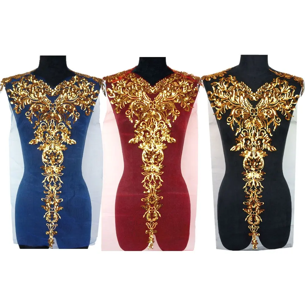 1 Set Gold Silver Sequined Appliques Red Blue Black Mesh Epaulette Embroidered Lace Gold Sequins Fabric Wedding Sew On Patch For Dress DIY Decoration