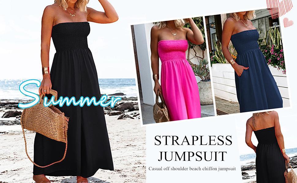 Women's Summer Sleeveless Strapless Wide Leg Jumpsuits Casual Loose Baggy Smocked Chiffon Jumpsuit Rompers with Pockets