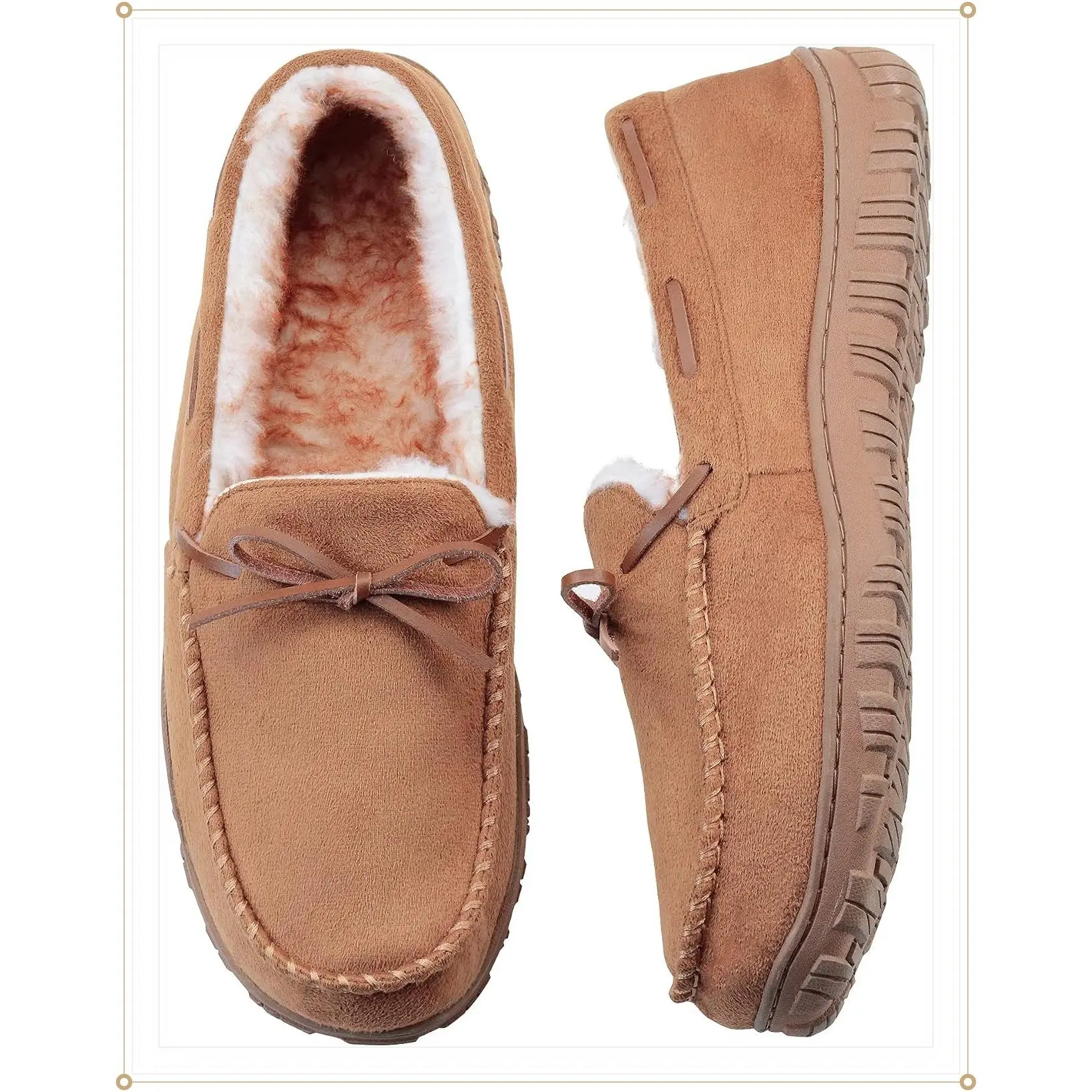 Mens Moccasin Slippers with Memory Foam Arch Support, Non Slip Rubber Sole House Shoes for Men Machine Washable Warm Fleece Lined Indoor Outdoor Home ShoesGift