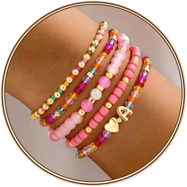 Girls Bracelets for 6-16 Year Old Little Girls Birthday Gifts | 5 count 14K  Plated Initial Charm Stretch Colorful Beaded Letter A-Z Little Girls Bracelets, Personalized   Gifts