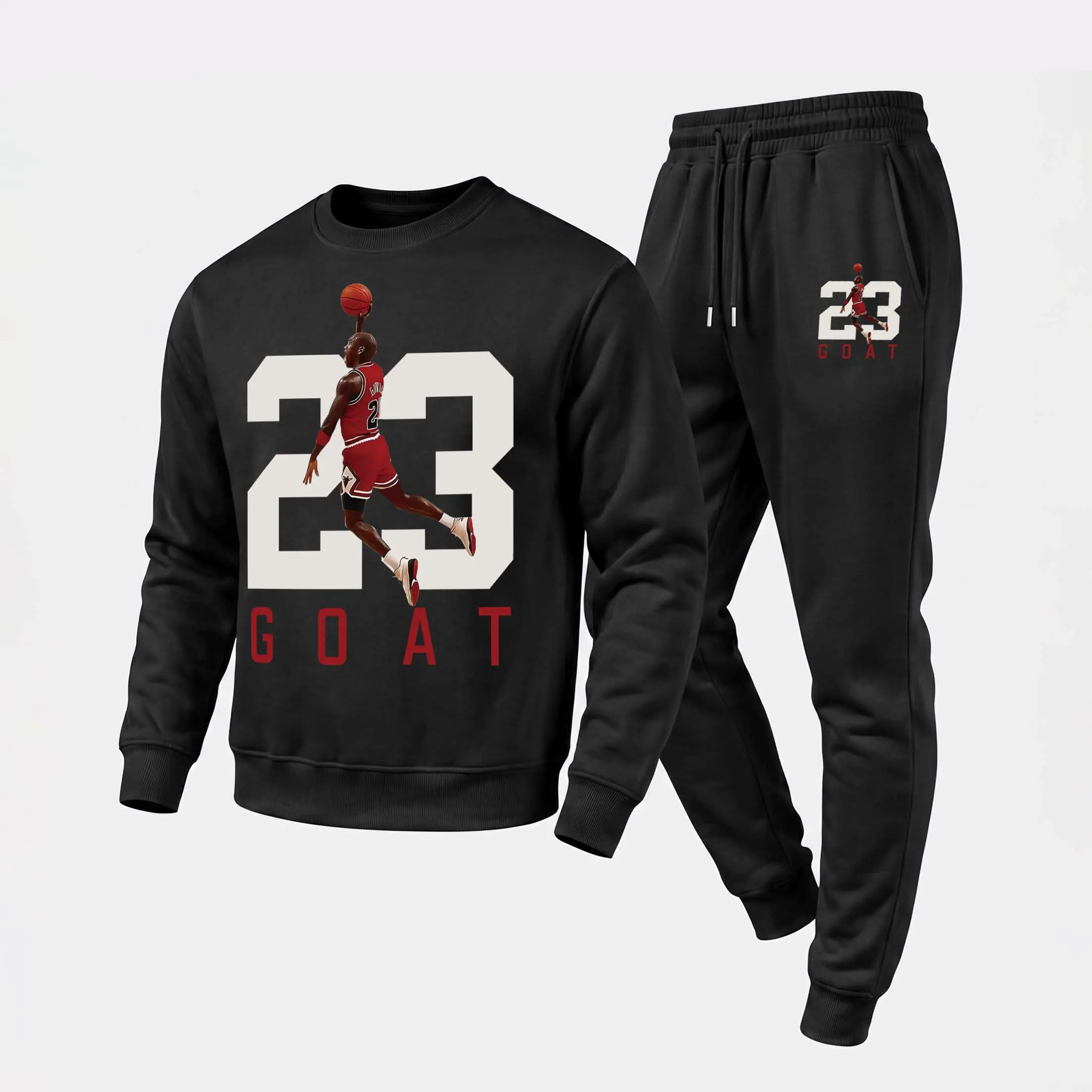Men's Basketball 23 Graphic Crewneck Sweatshirt and Jogger Pants Set, Casual Long Sleeve Pullover with Drawstring Sweatpants, Fall Winter Tracksuit for Daily Wear, Travel, Lounge, Workout and Indoor Outdoor Activities