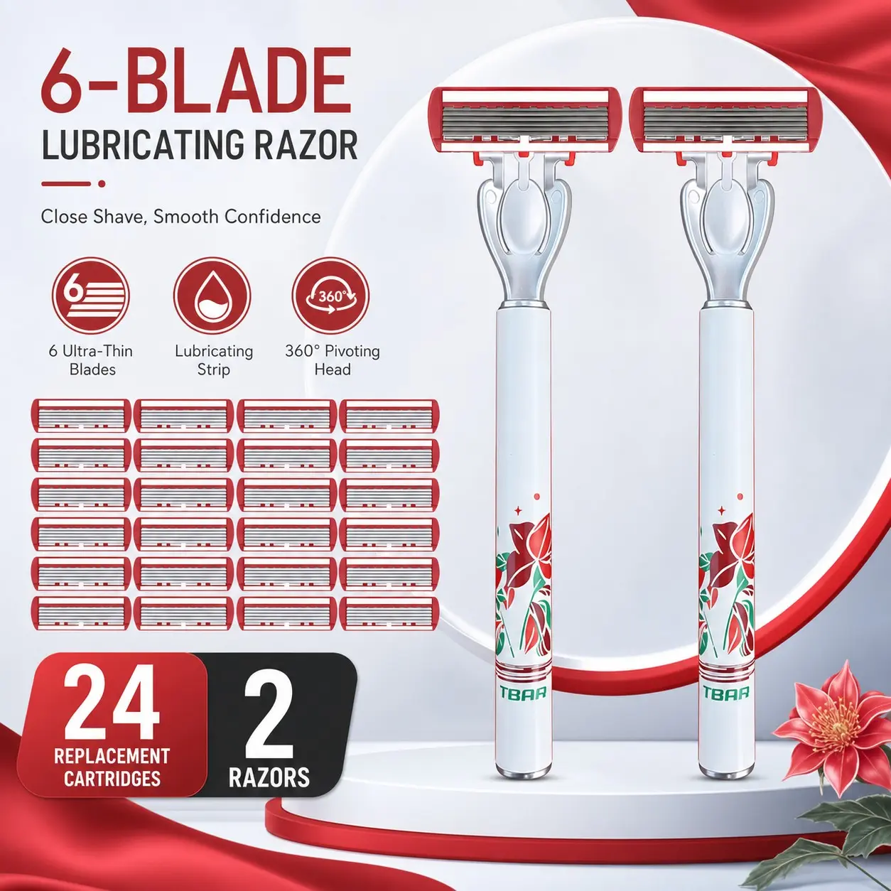Traditional Floral Six-Layer Manual Razor Set Handle, Includes 2 Print Racks + 24 Replacement Blades, Sharp Ultra-Thin Blades, Lubricating Strip Included