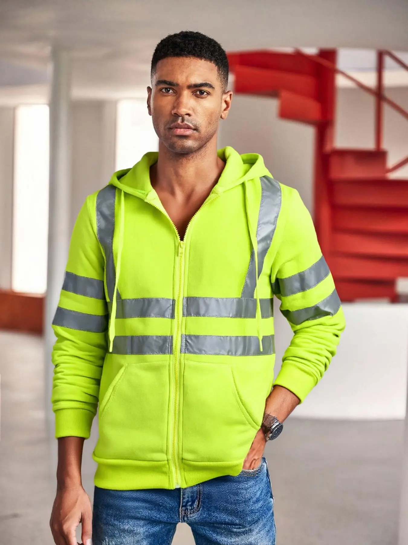 Men's Reflective Hoodie, Ideal for Night Work, Workwear, High-Visibility Stripes, Loose Fit, Zip-Up Knit Jacket, Spring & Fall Wear, Multicolor