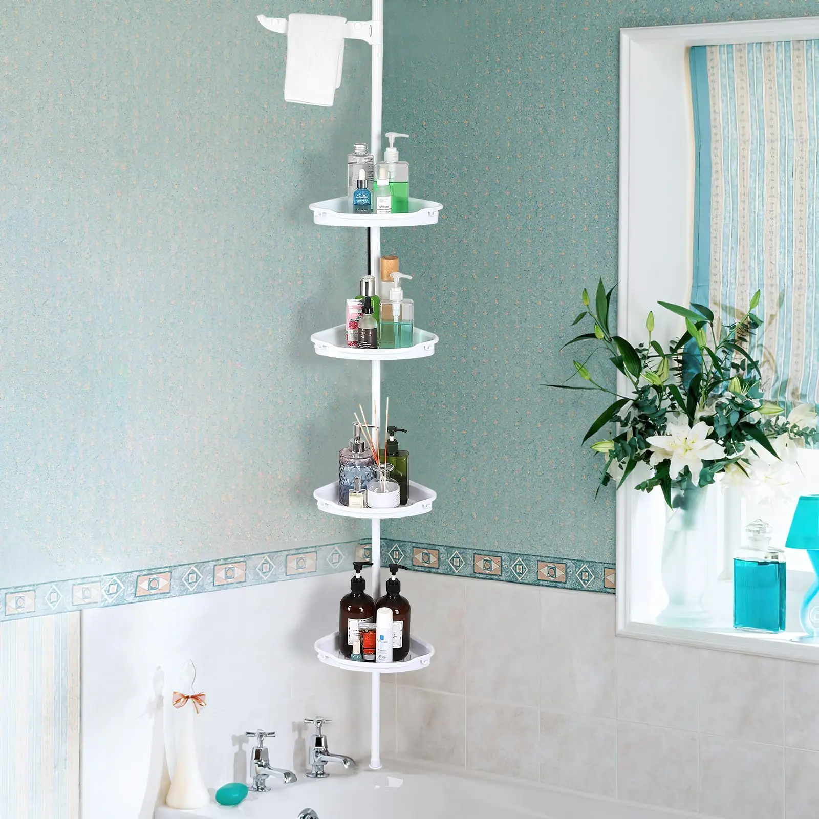 Garvee No-Drill Corner Shower Caddy Tension Pole with 4 Adjustable Shelves, Rust-Resistant Bathroom Storage Organizer, Height Adjustable 101.6''-122'', White, with Rubber Pads for Stability